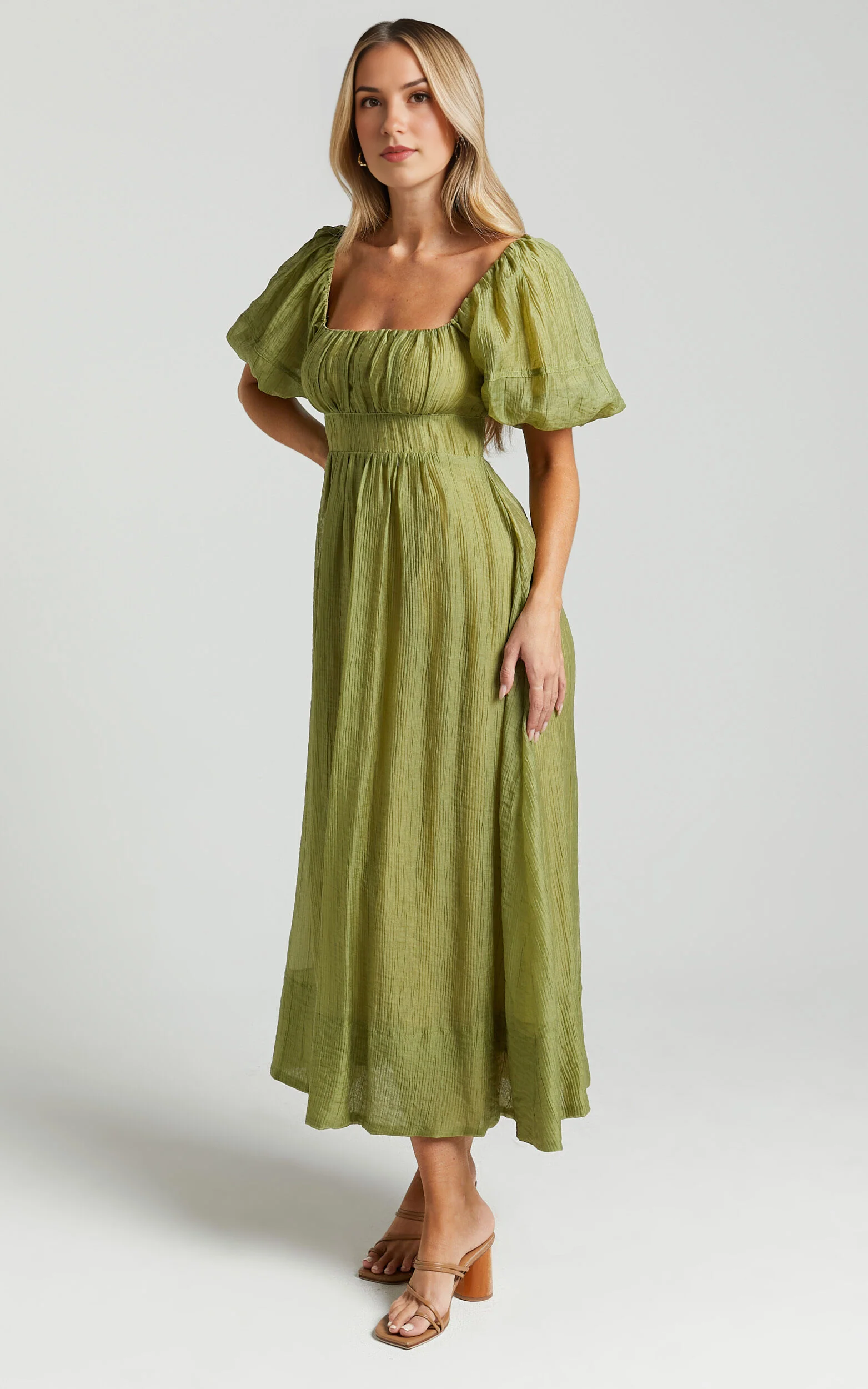 Roshina Midi Dress – Olive Straight Neck Puff Sleeve Dress