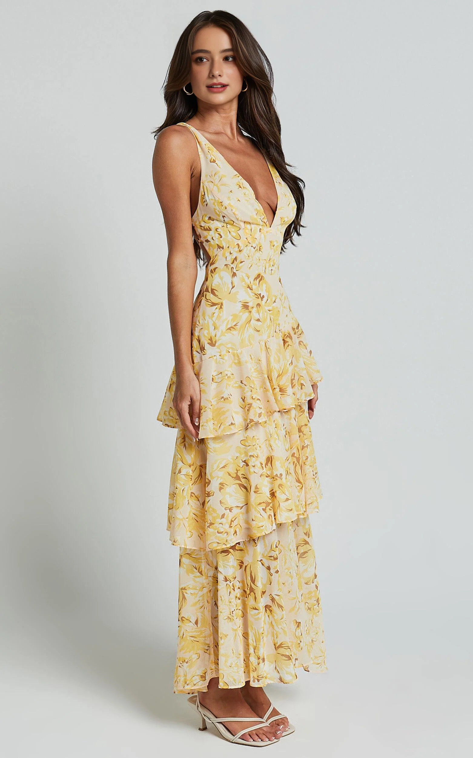 Floral Tiered Midi Dress - V-Neck Sleeveless Party Dress in Yellow