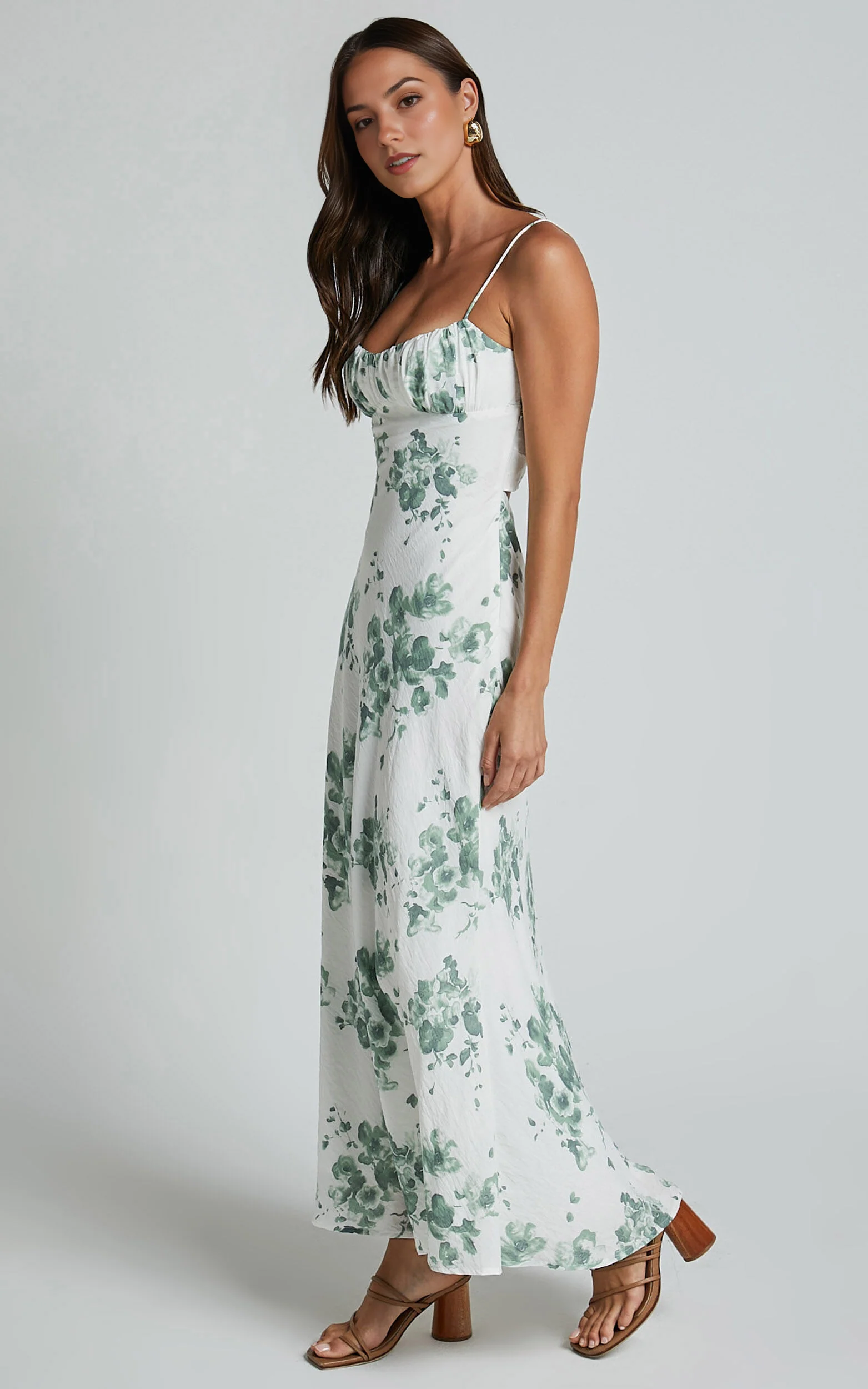 Bettina Midi Dress – Green & White Printed Slip Dress with Ruched Bust & Strappy Detail