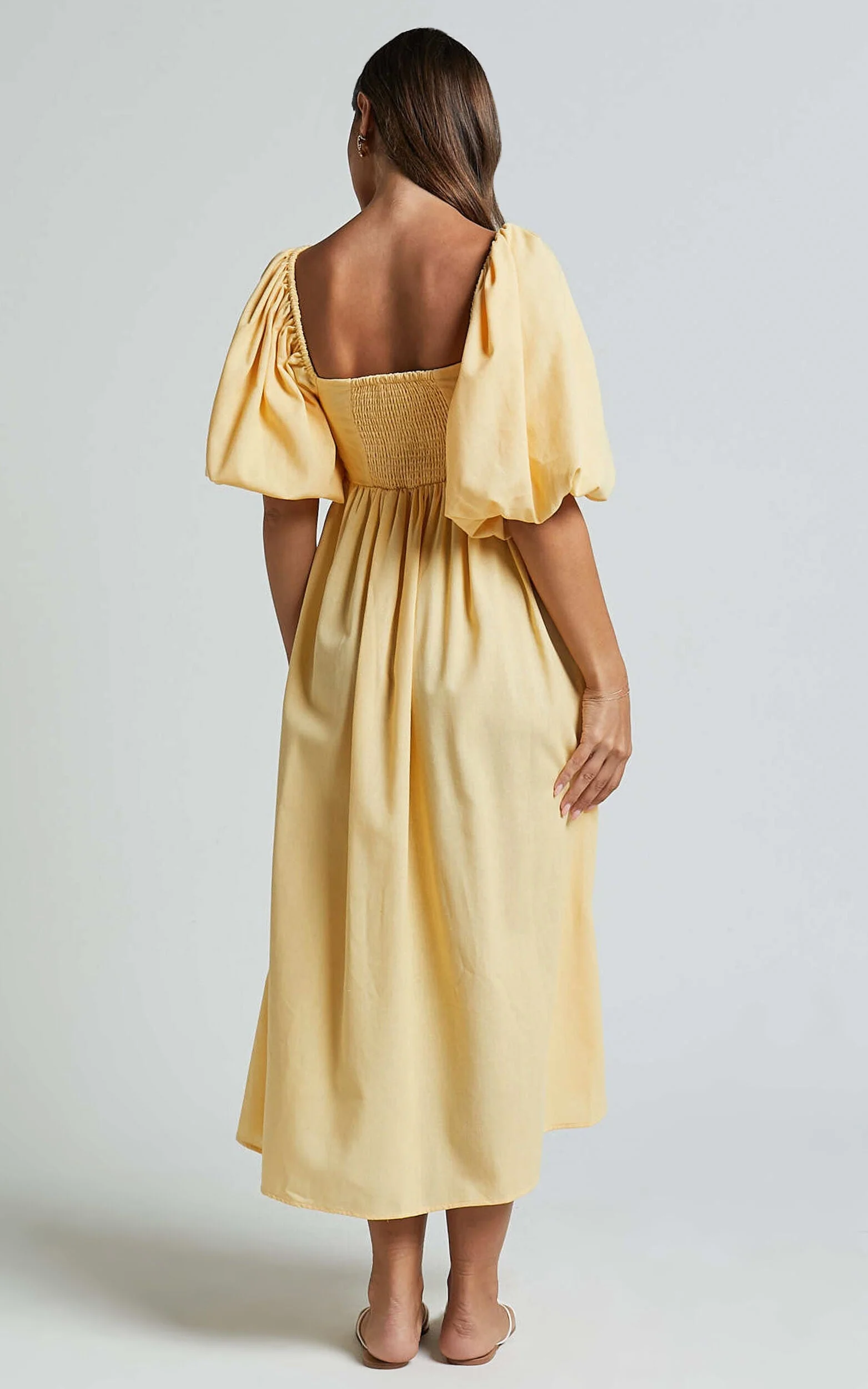 Cenia Midi Dress - Linen Straight Neck Shirred Back Puff Sleeve Dress in Lemon