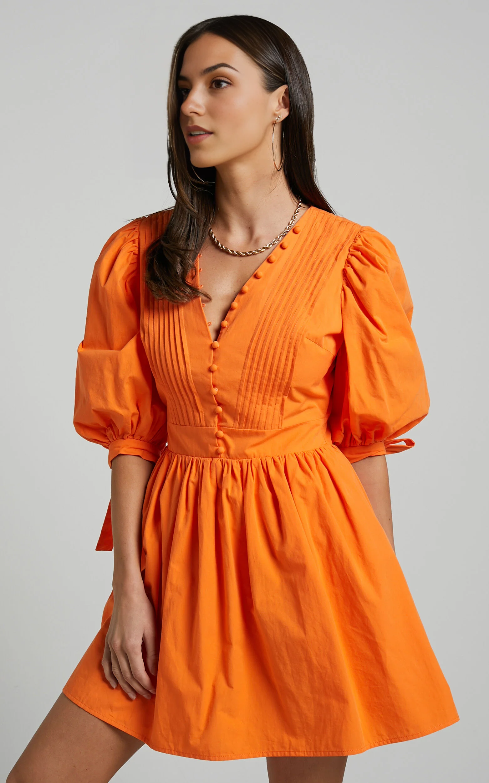 Zandra Mini Dress – Orange Puff Sleeve Fit & Flare Poplin Dress