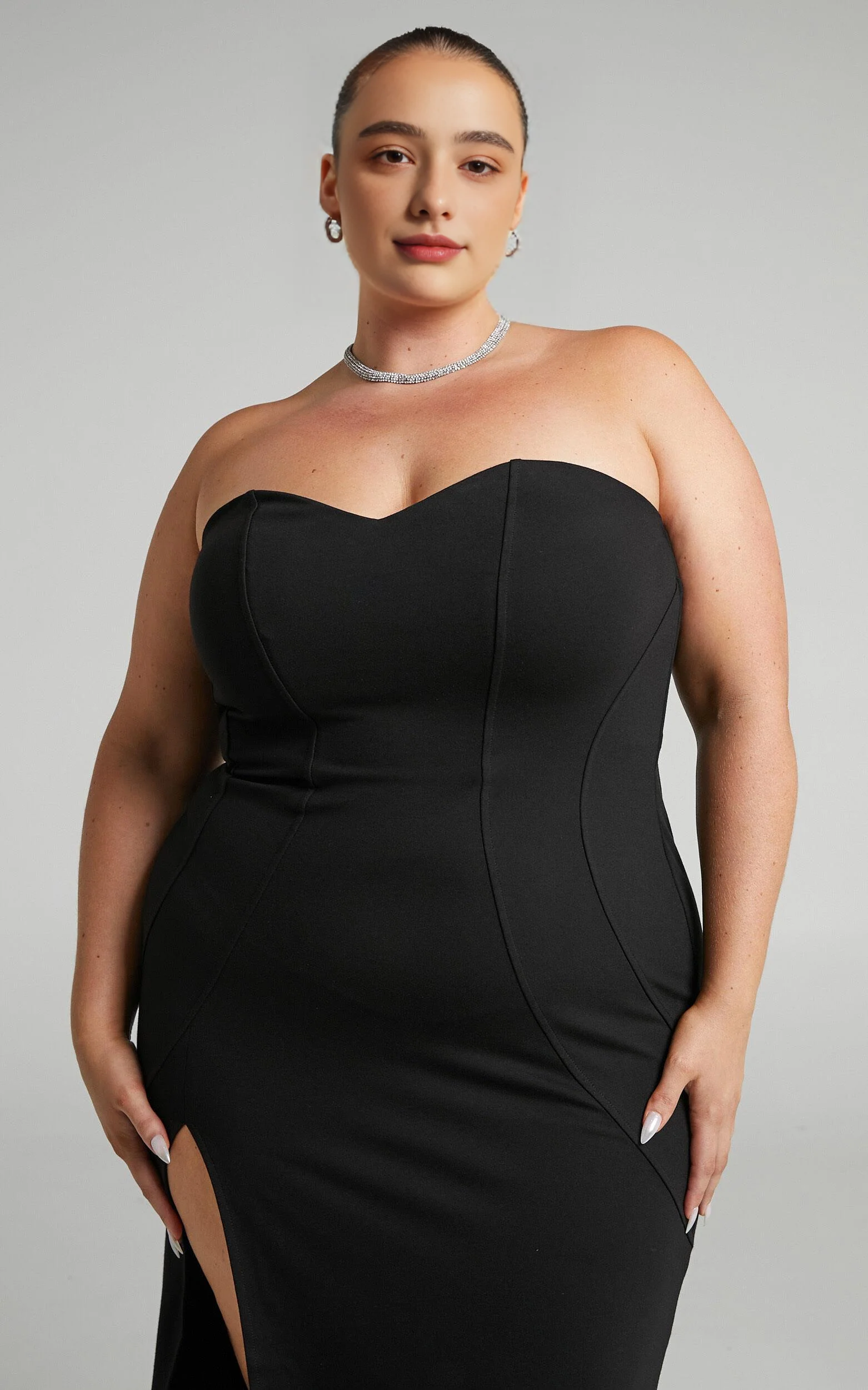 Panelled Thigh Split Strapless Maxi Dress in Black