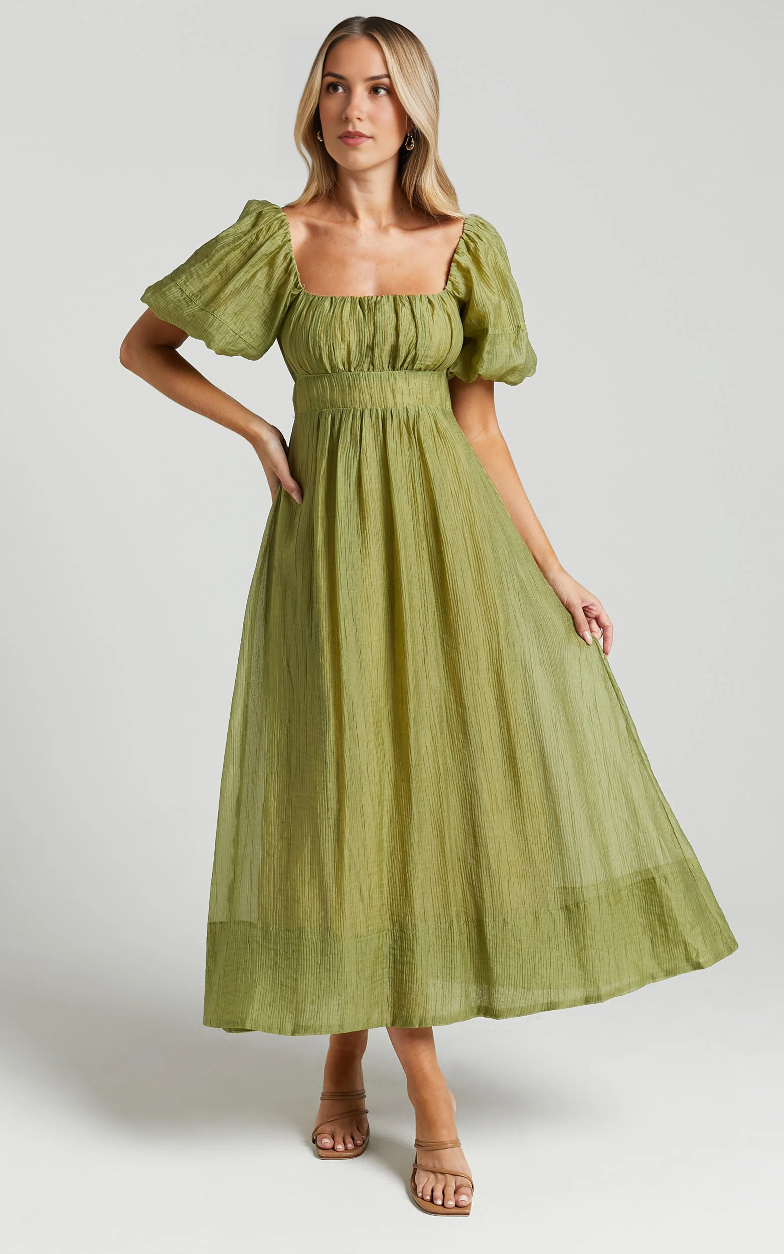 Roshina Midi Dress – Olive Straight Neck Puff Sleeve Dress