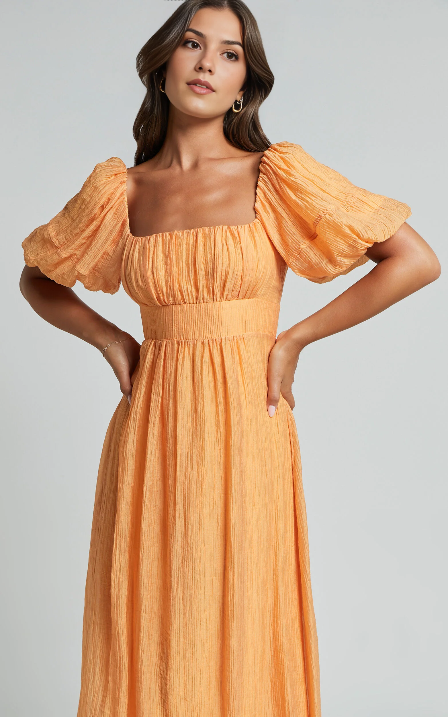 Roshina Midi Dress – Puff Sleeve Straight Neck Dress in Vibrant Orange