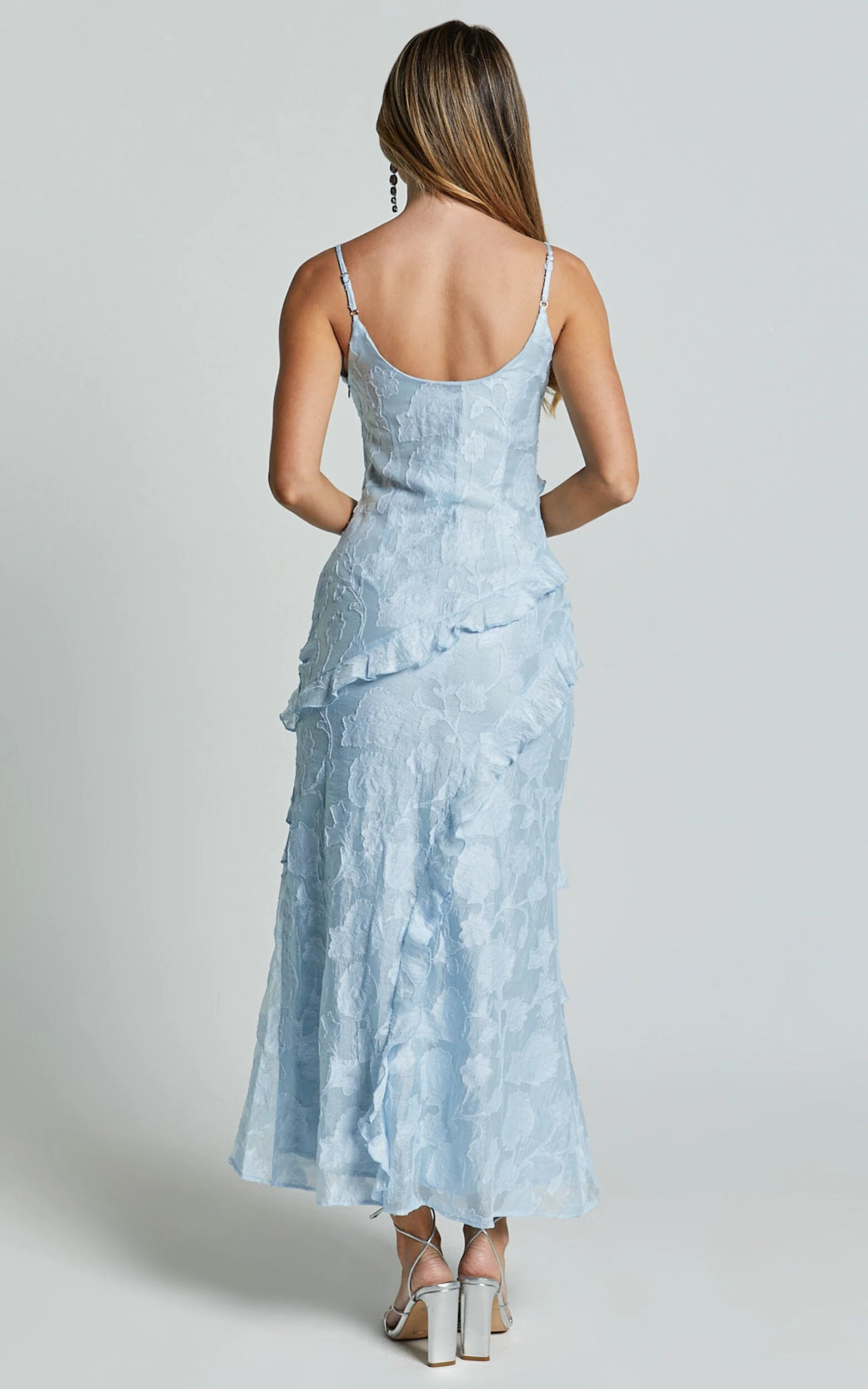 Jacquard Ruffle Tiered Midi Slip Dress in Light Blue