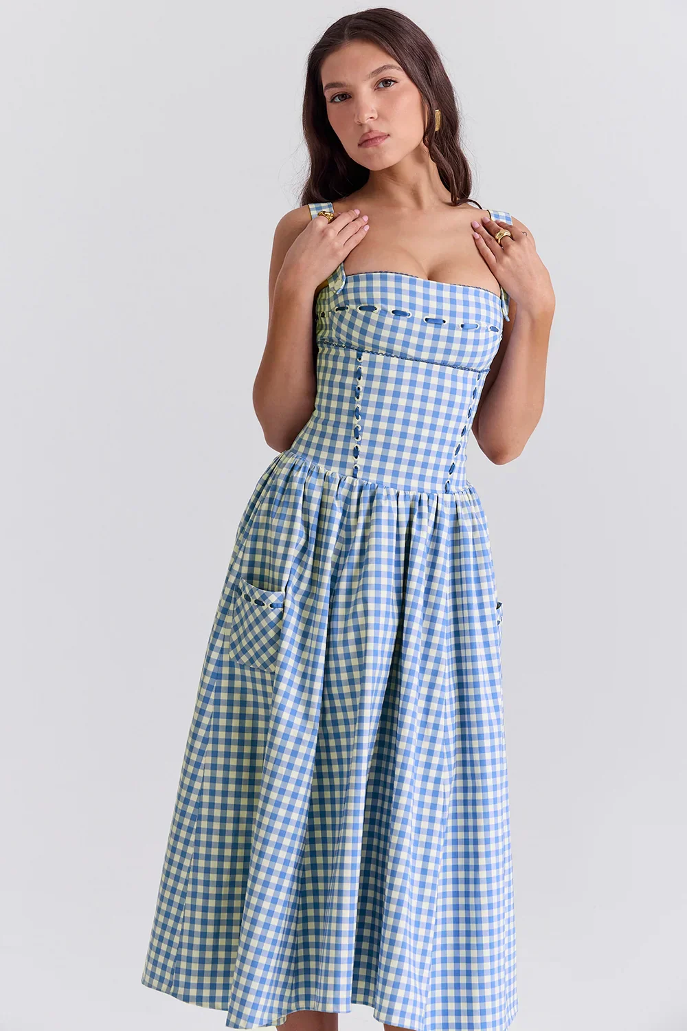 Charming Gingham Midi Dress with Pockets