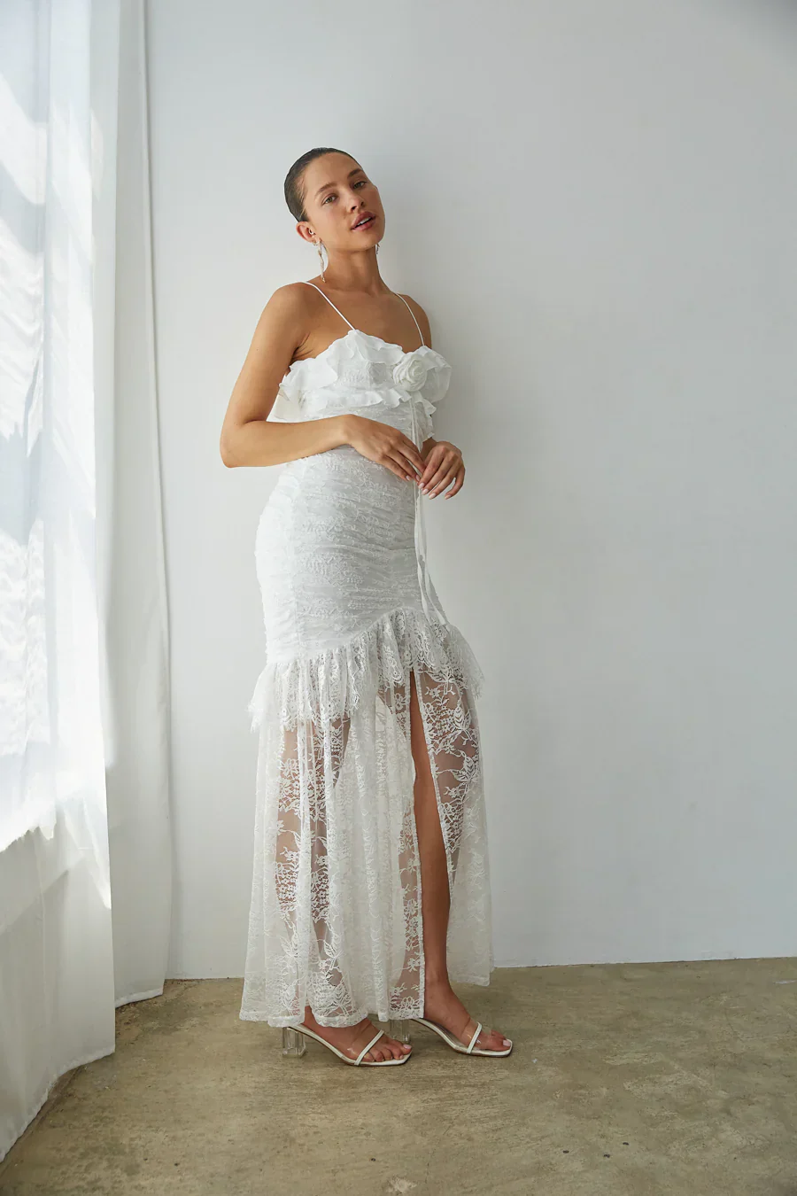 Aphrodite Lace Ruched Rosette Maxi Dress