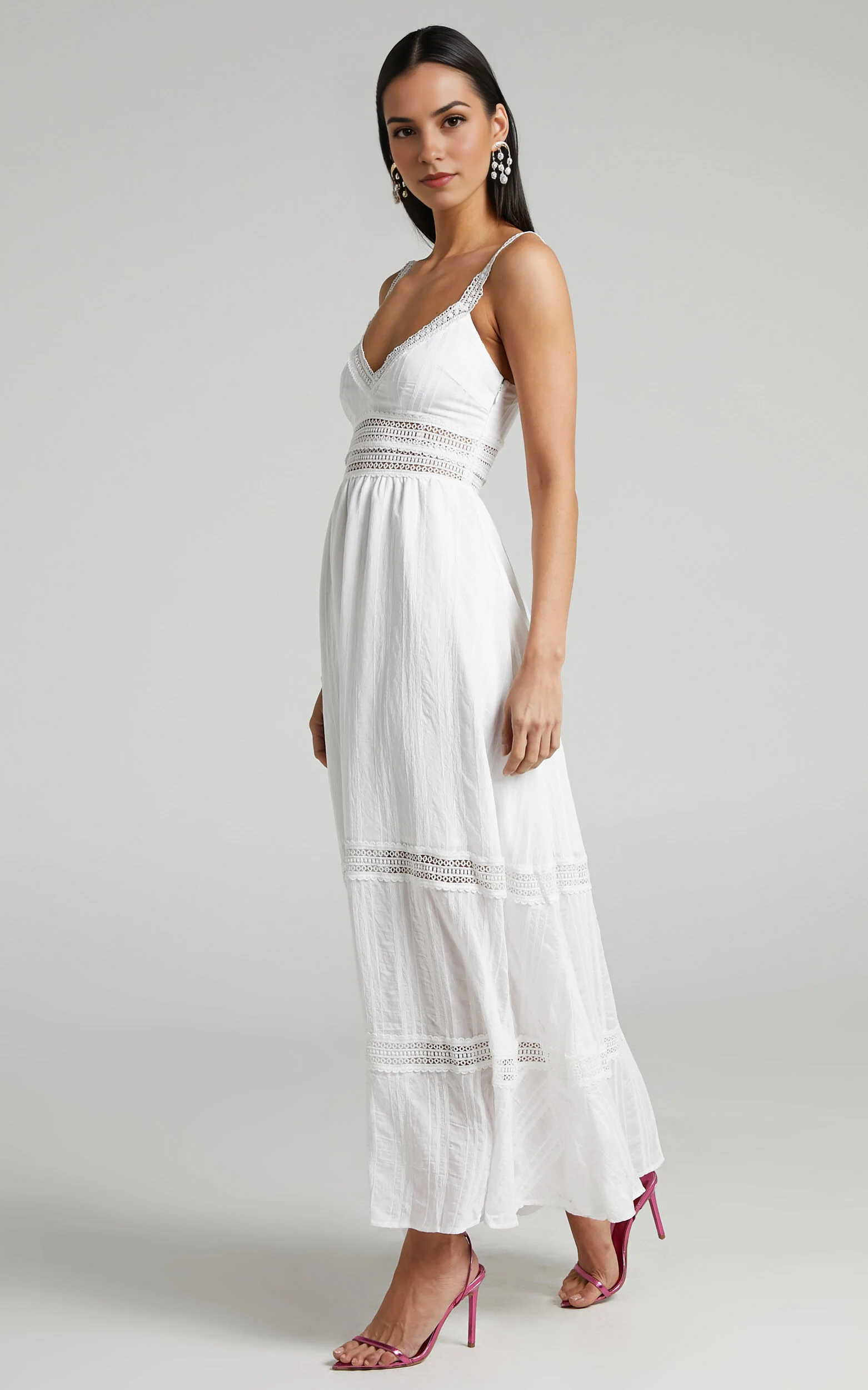 Angelique Maxi Dress – White Lace Trimmed Tiered Maxi with Textured Finish