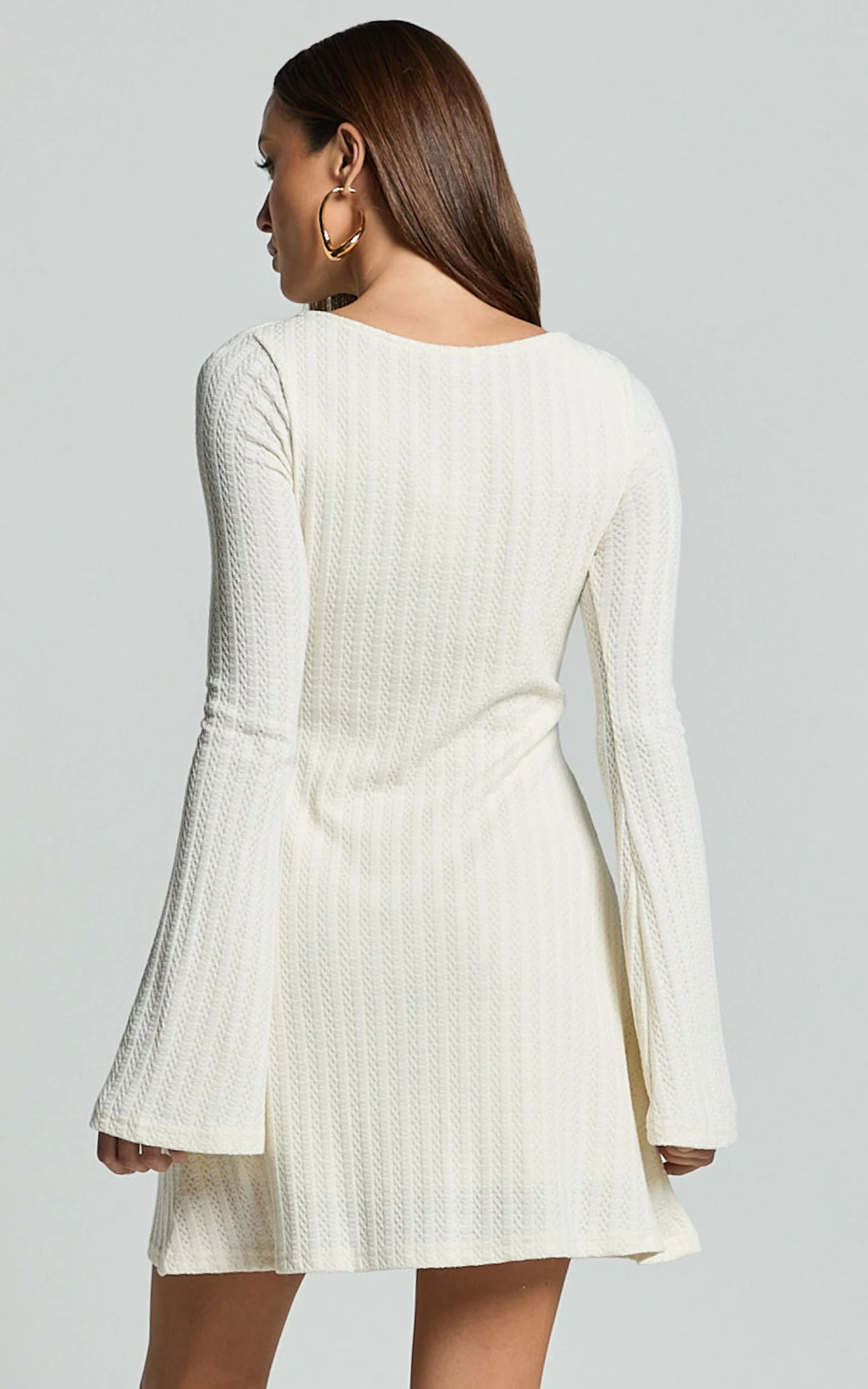 Flared Long Sleeve A-Line Mini Dress in Off White