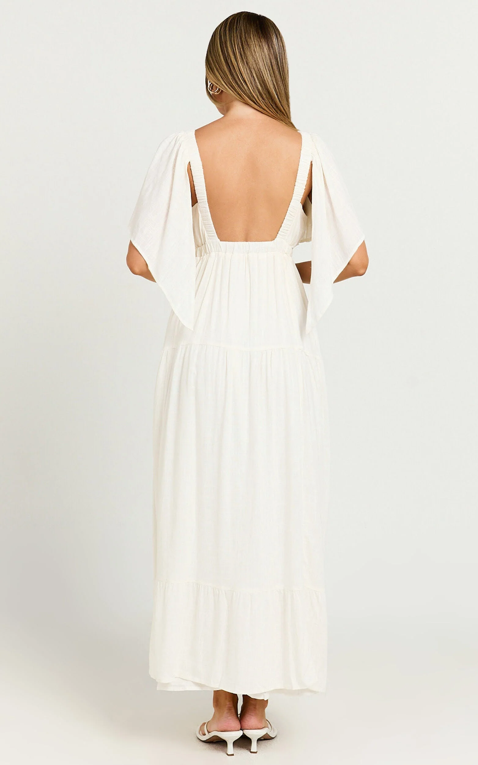 Lyrad Midi Dress – White Linen-Feel Empire Waist Textured Dress