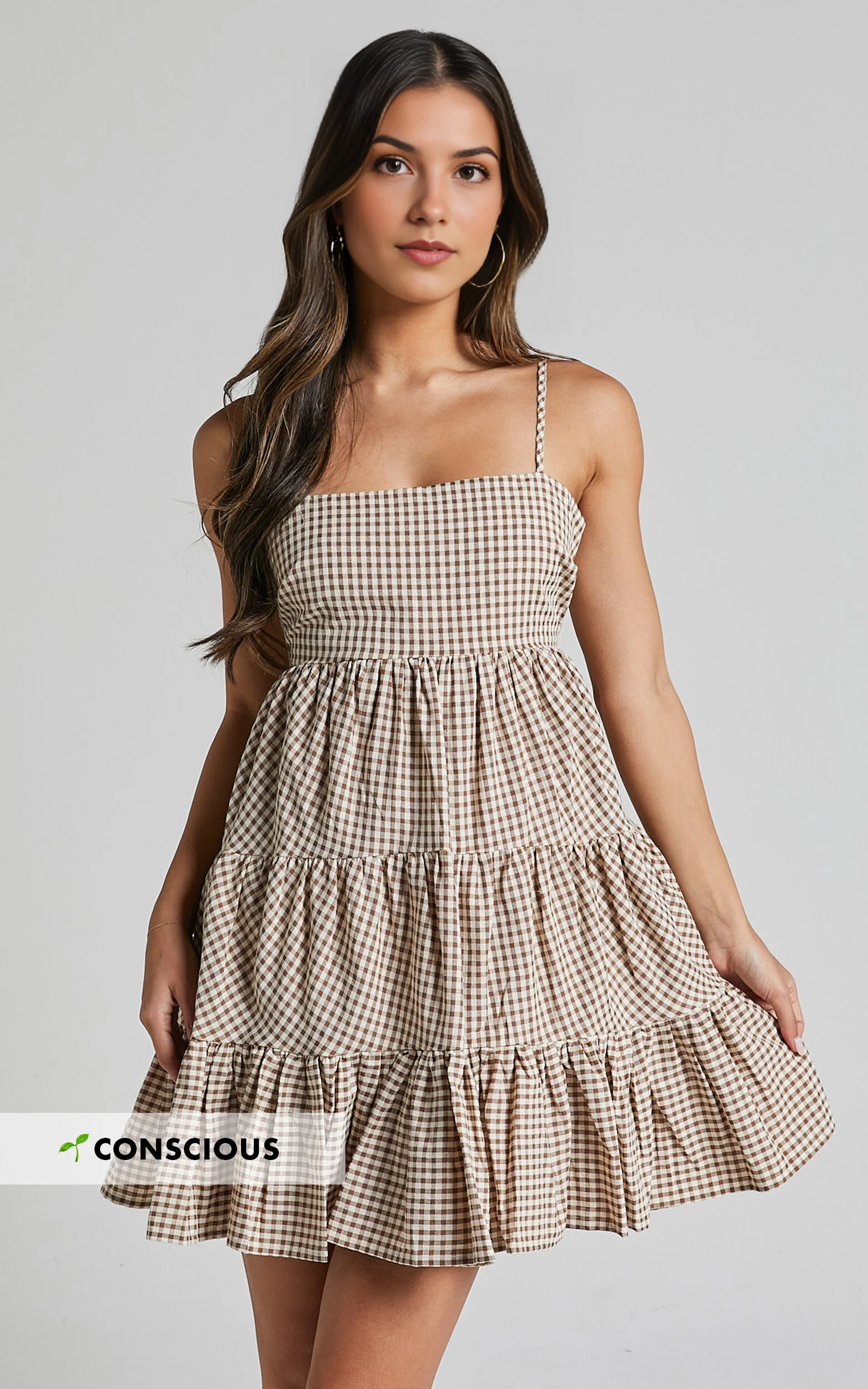 Lorelle Mini Dress – Brown Gingham Tiered Sleeveless Dress with Straight Neckline
