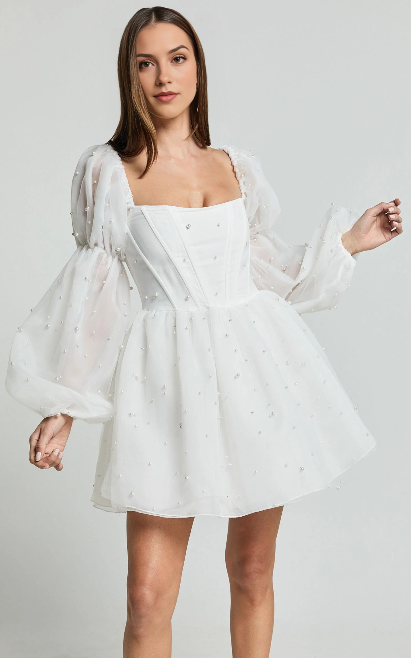 Long Puff Sleeve Pearl Detail Mini Dress in White