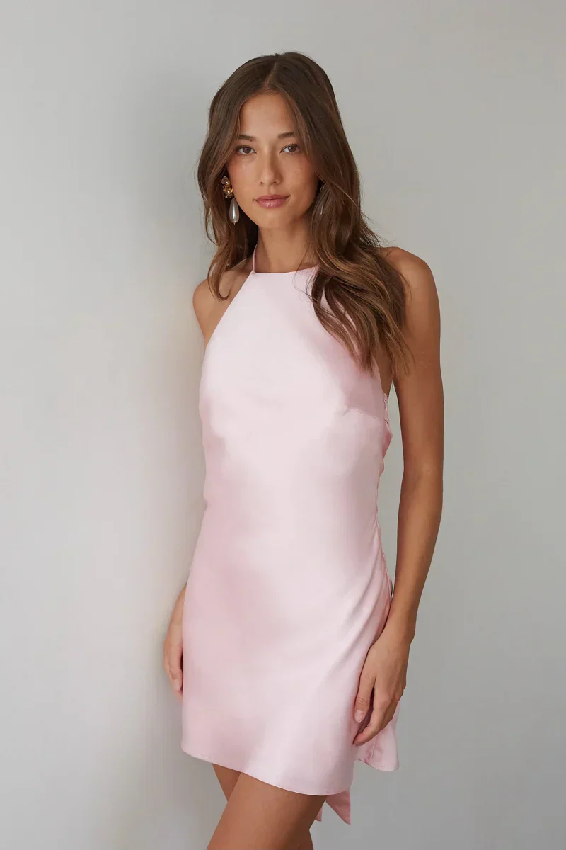 Arella Halter Coquette Satin Mini Dress