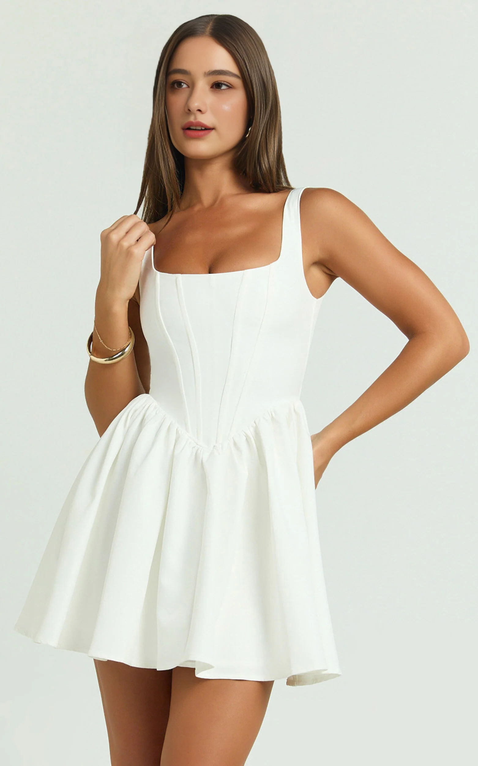 Aimee Scoop Neck Corset Mini Dress – Draped White Elegance