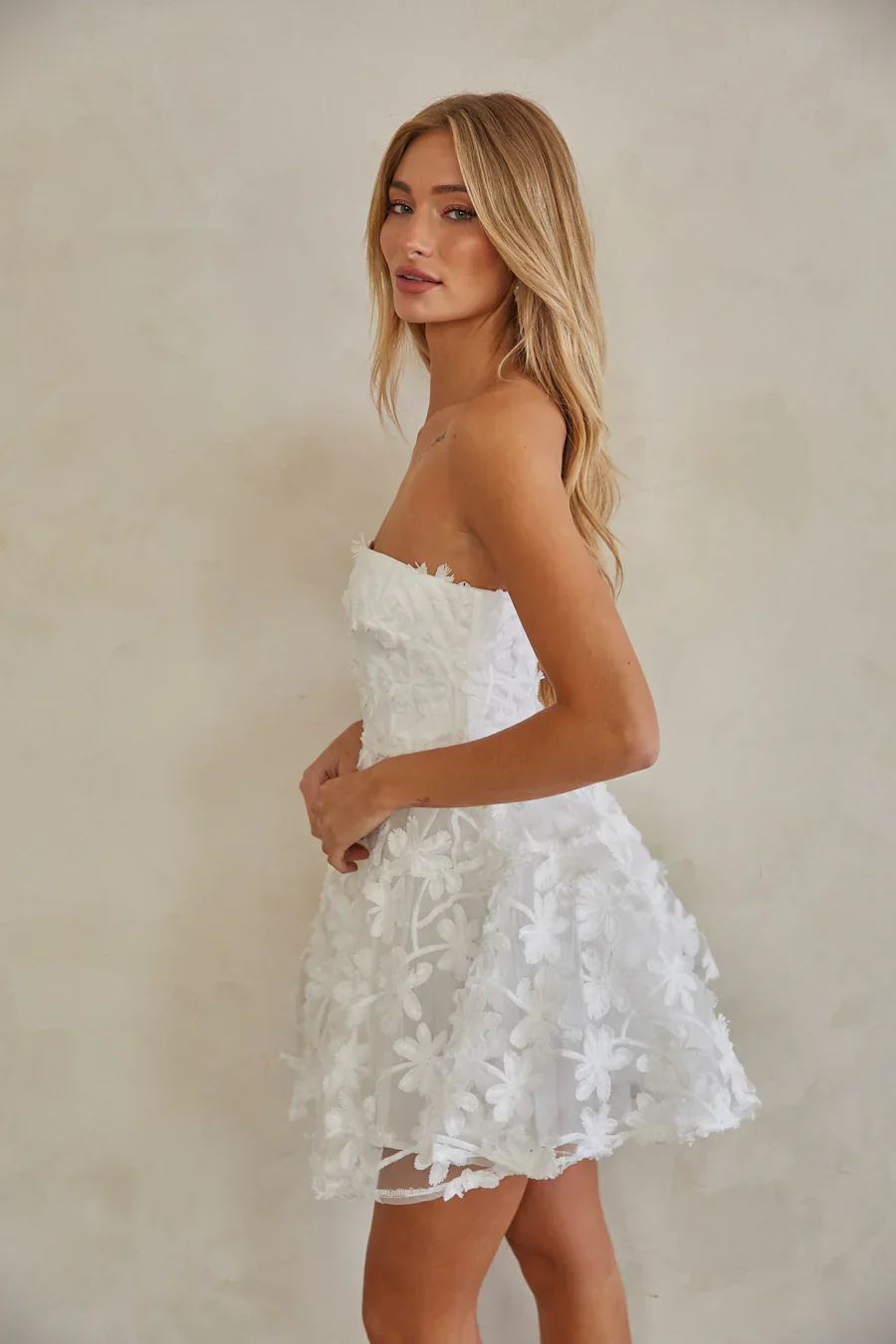 Evangeline Strapless Floral Applique Babydoll Dress