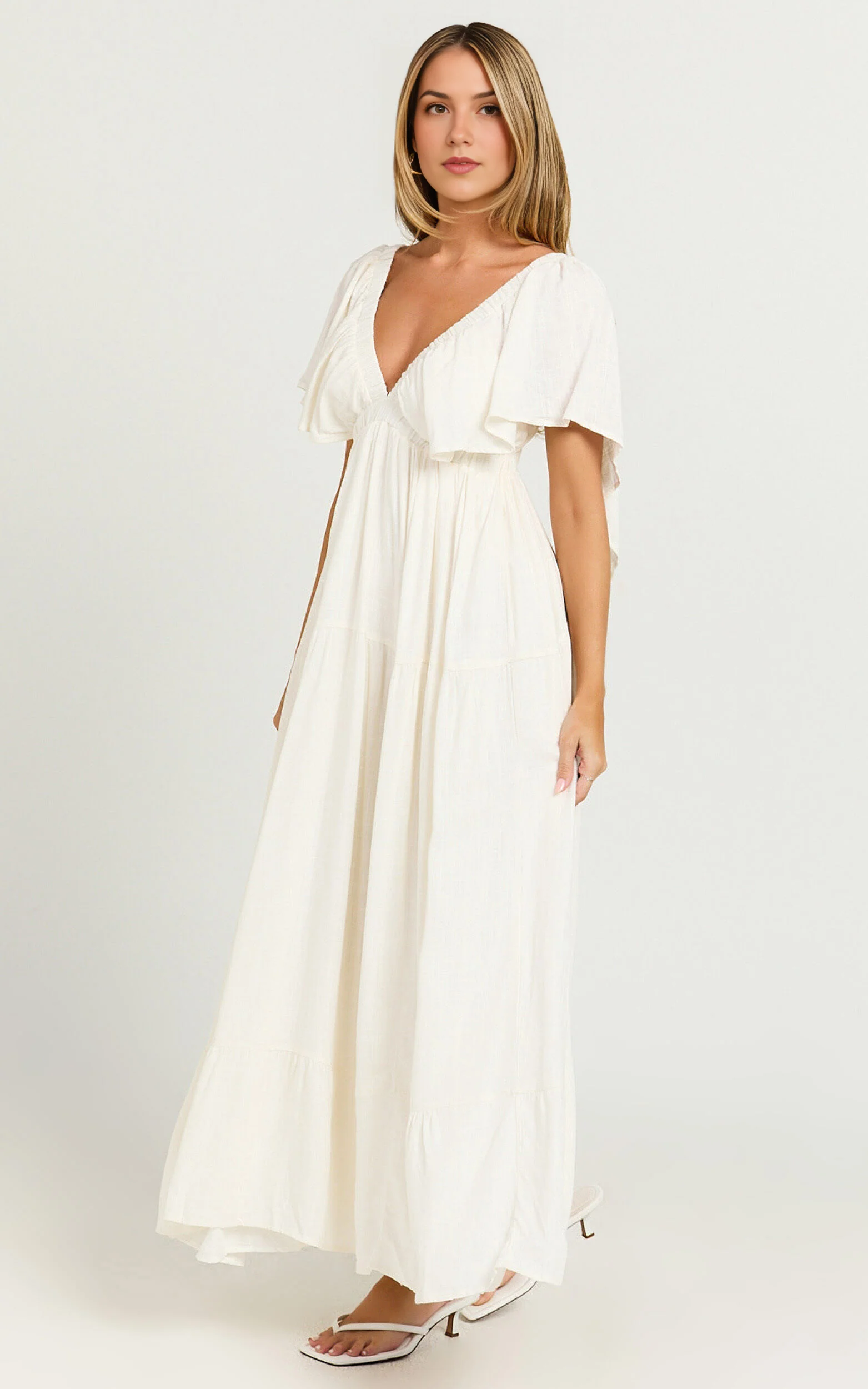 Lyrad Midi Dress – White Linen-Feel Empire Waist Textured Dress
