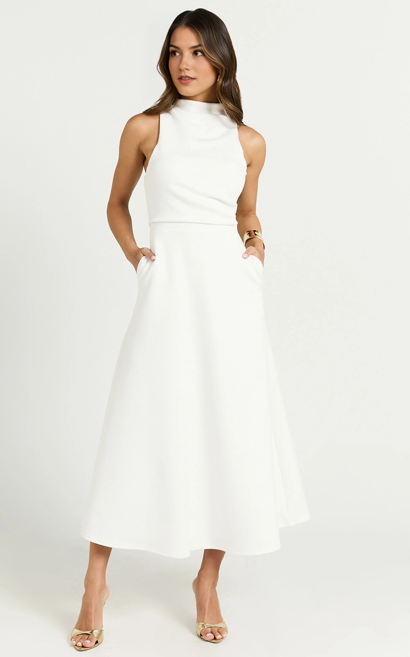 Macy Midi Dress – Sleeveless High-Neck A-Line Dress in Off White