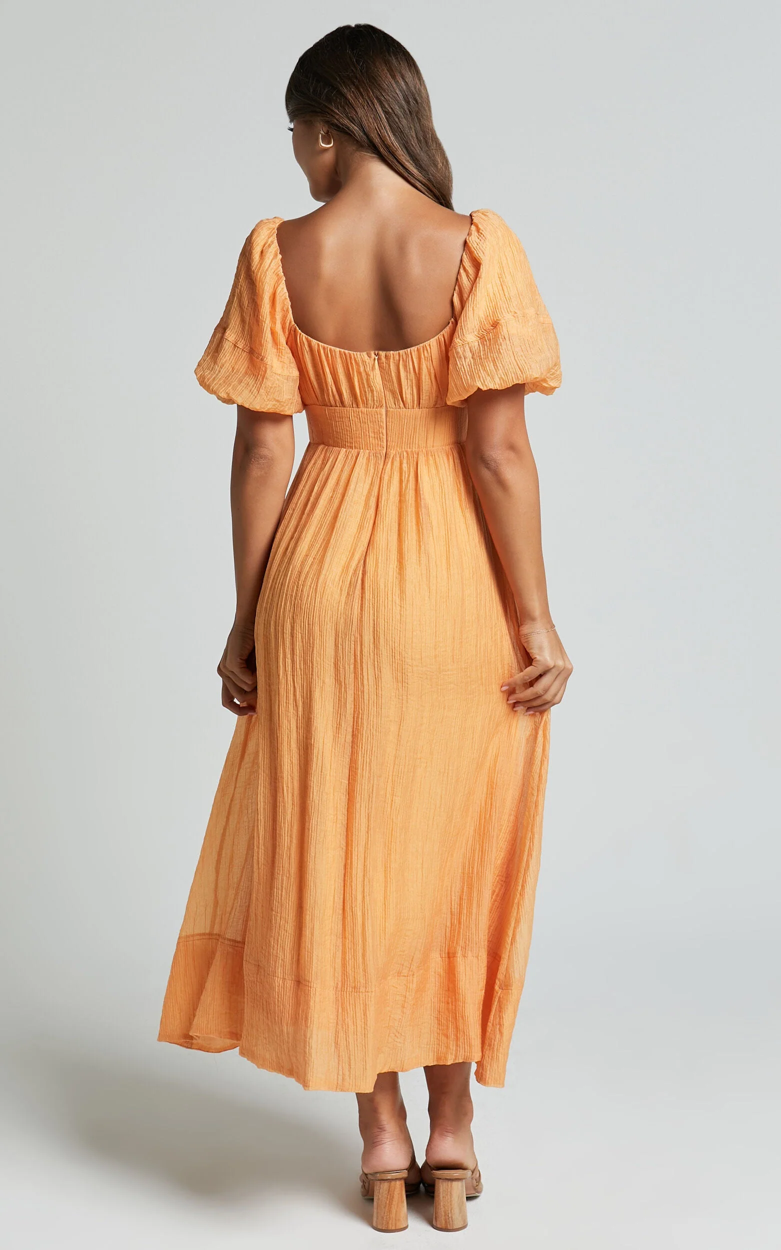 Roshina Midi Dress – Puff Sleeve Straight Neck Dress in Vibrant Orange