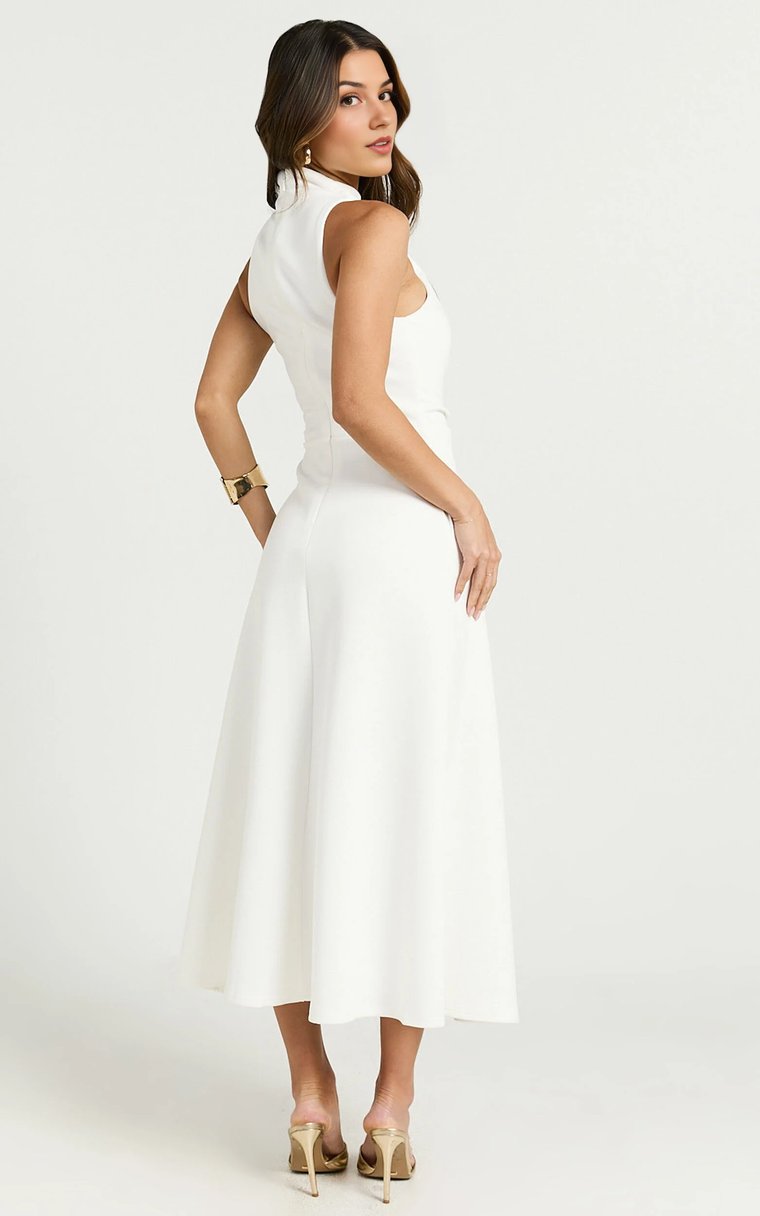 Macy Midi Dress – Sleeveless High-Neck A-Line Dress in Off White
