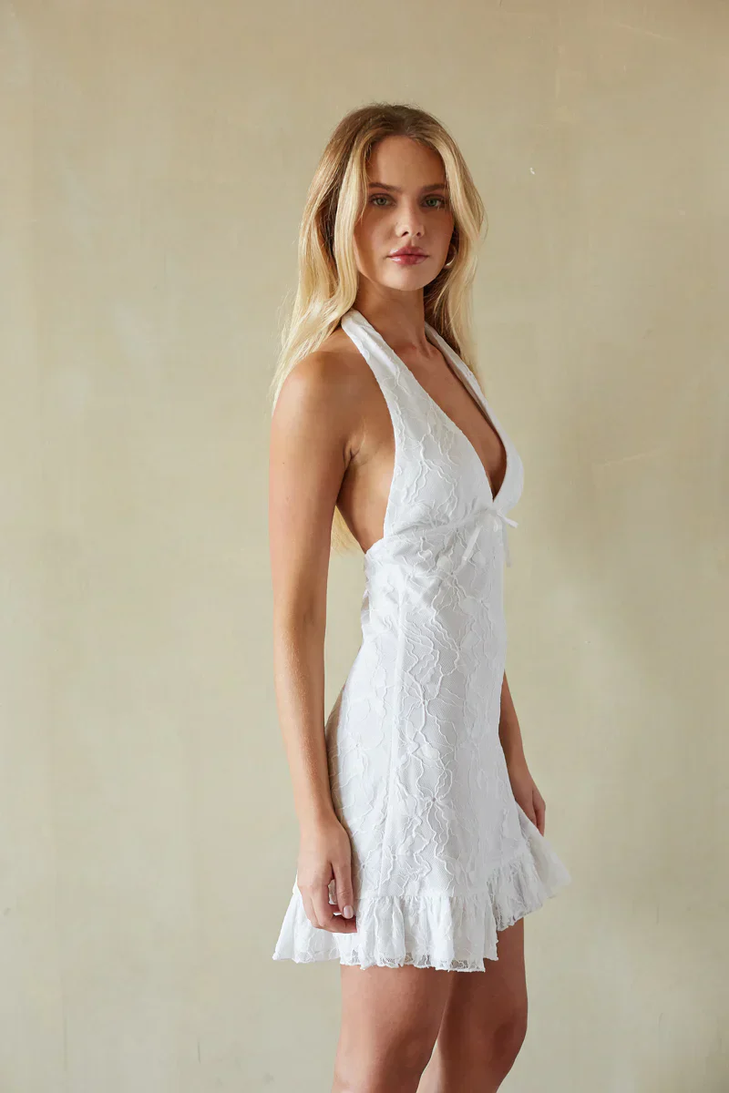 Fleur Lace Halter Ruffled Mini Dress
