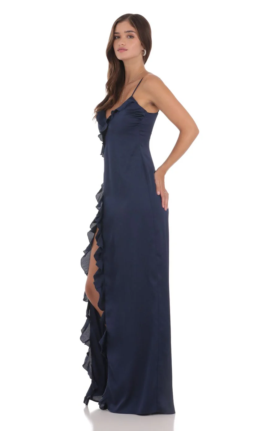 Ruffle V-Neck Maxi Dress in Navy