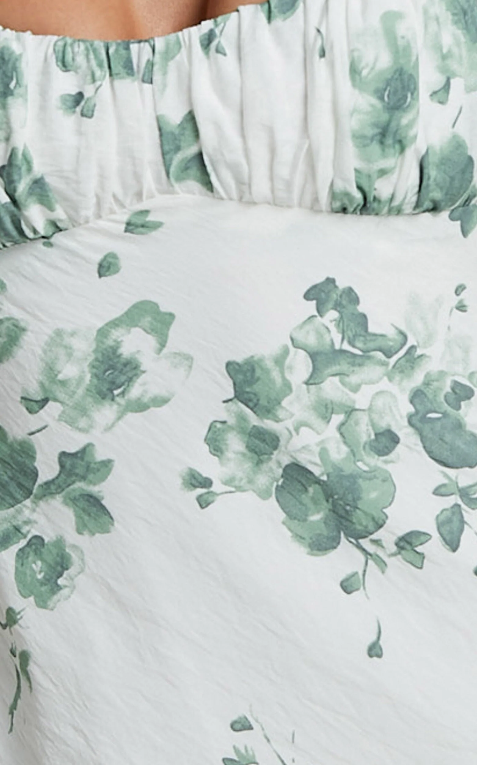 Bettina Midi Dress – Green & White Printed Slip Dress with Ruched Bust & Strappy Detail