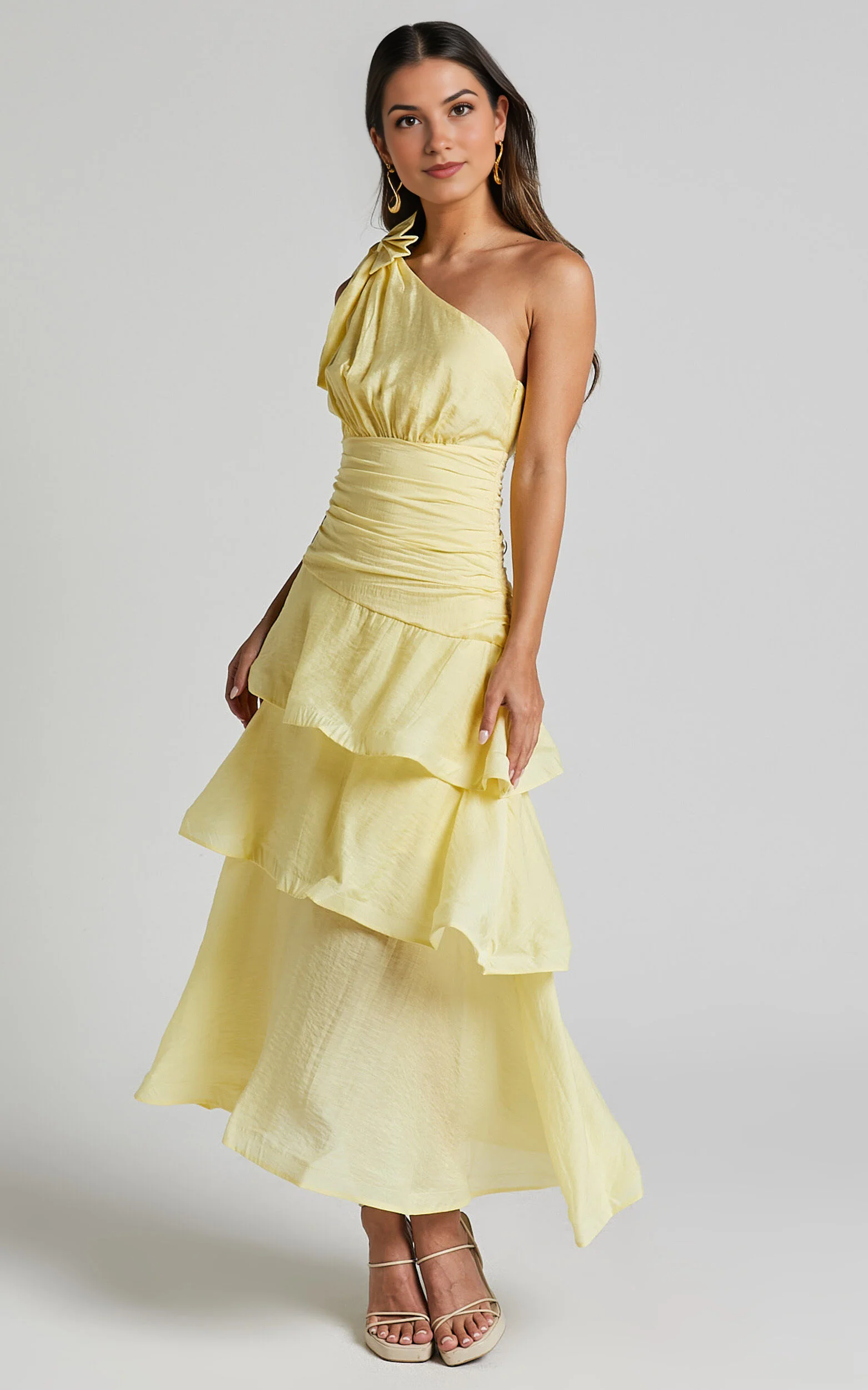 Eugenia Midi Dress – Yellow One-Shoulder Layered Fit & Flare Dress