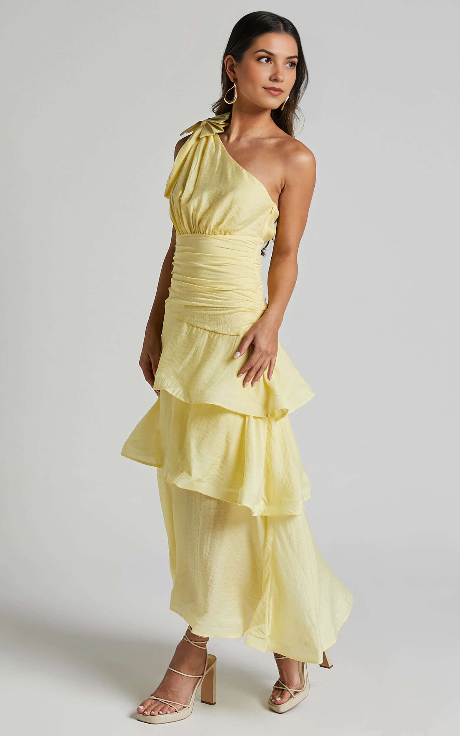 Eugenia Midi Dress – Yellow One-Shoulder Layered Fit & Flare Dress