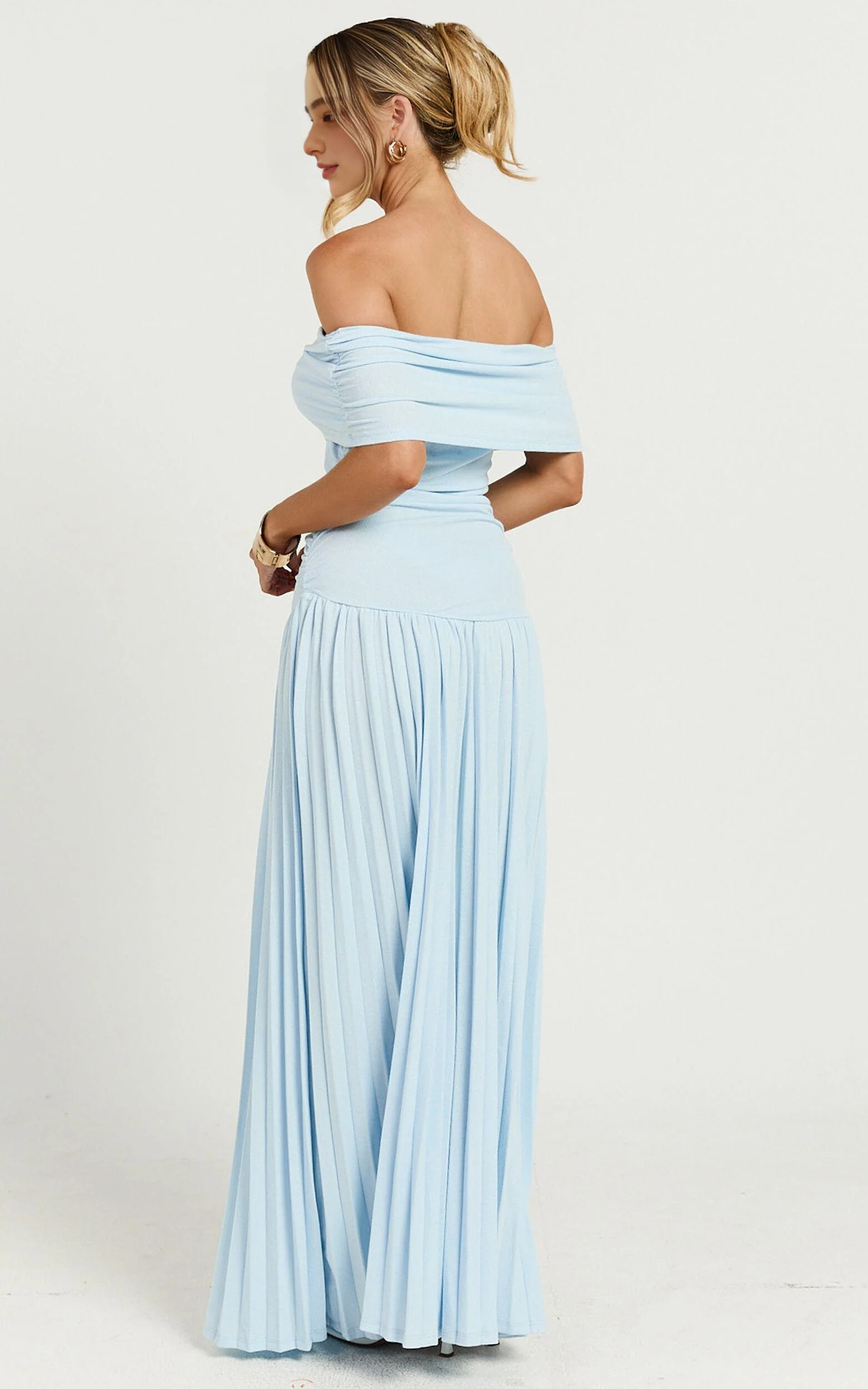 Off The Shoulder Maxi Shift Dress in Soft Blue