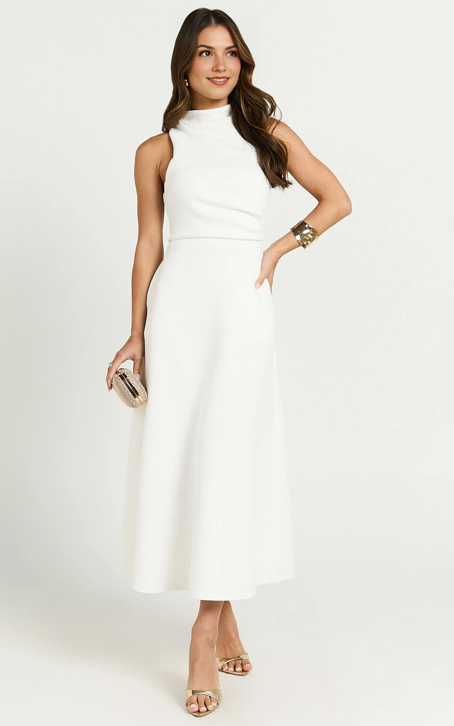 Macy Midi Dress – Sleeveless High-Neck A-Line Dress in Off White
