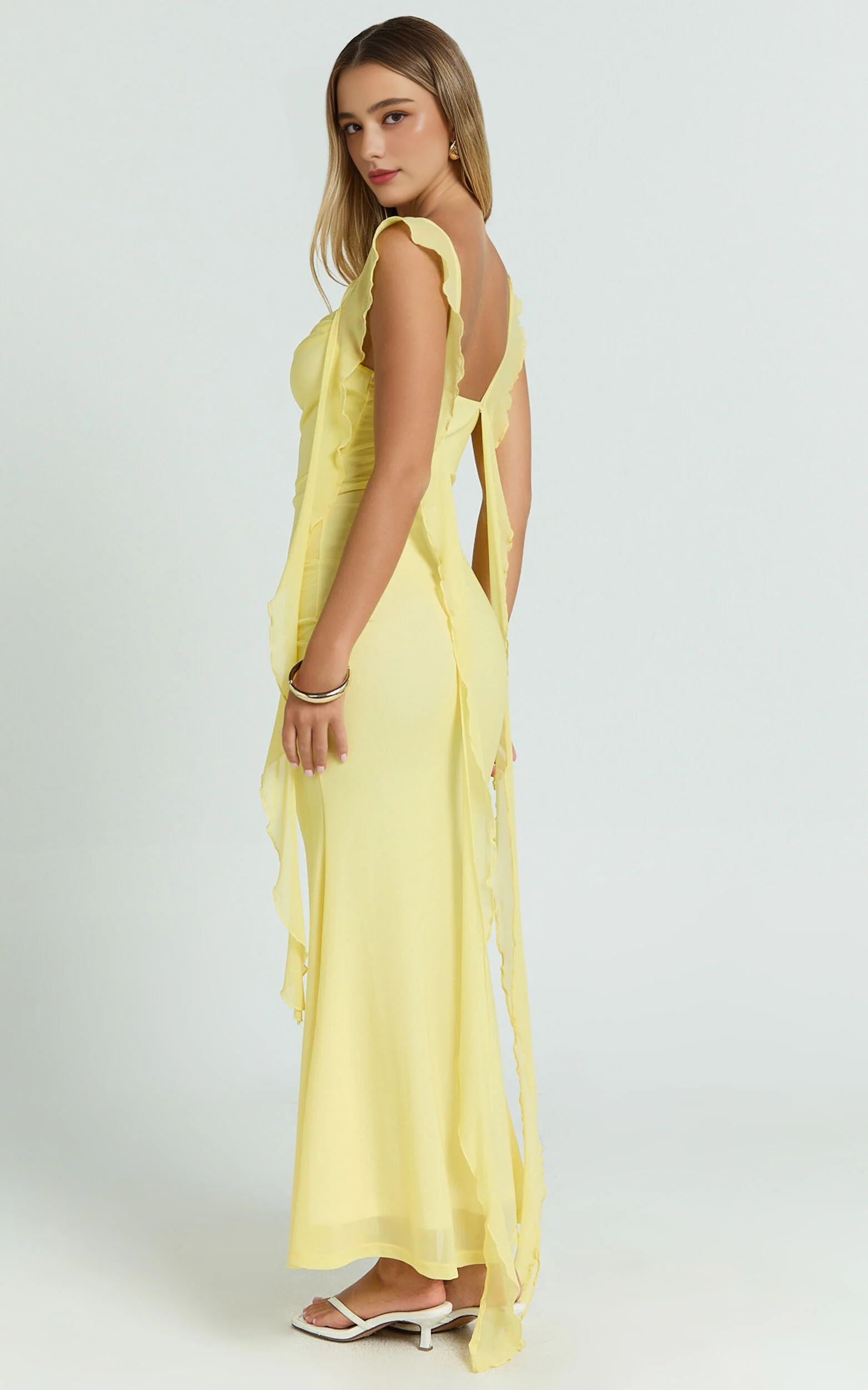 Rosha Butter Maxi – Ruched Ruffle Strap Gown in Sunny Yellow