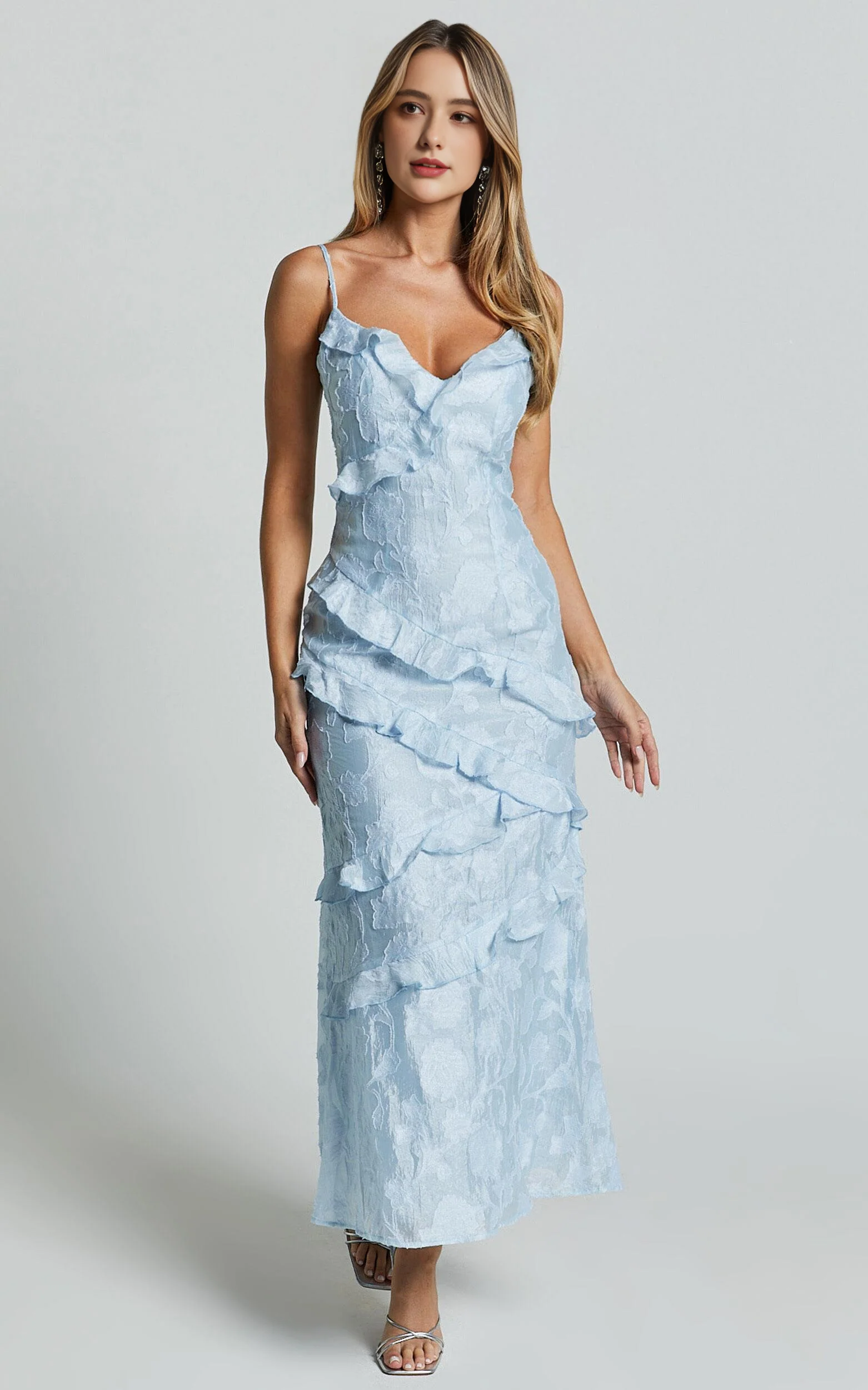 Jacquard Ruffle Tiered Midi Slip Dress in Light Blue