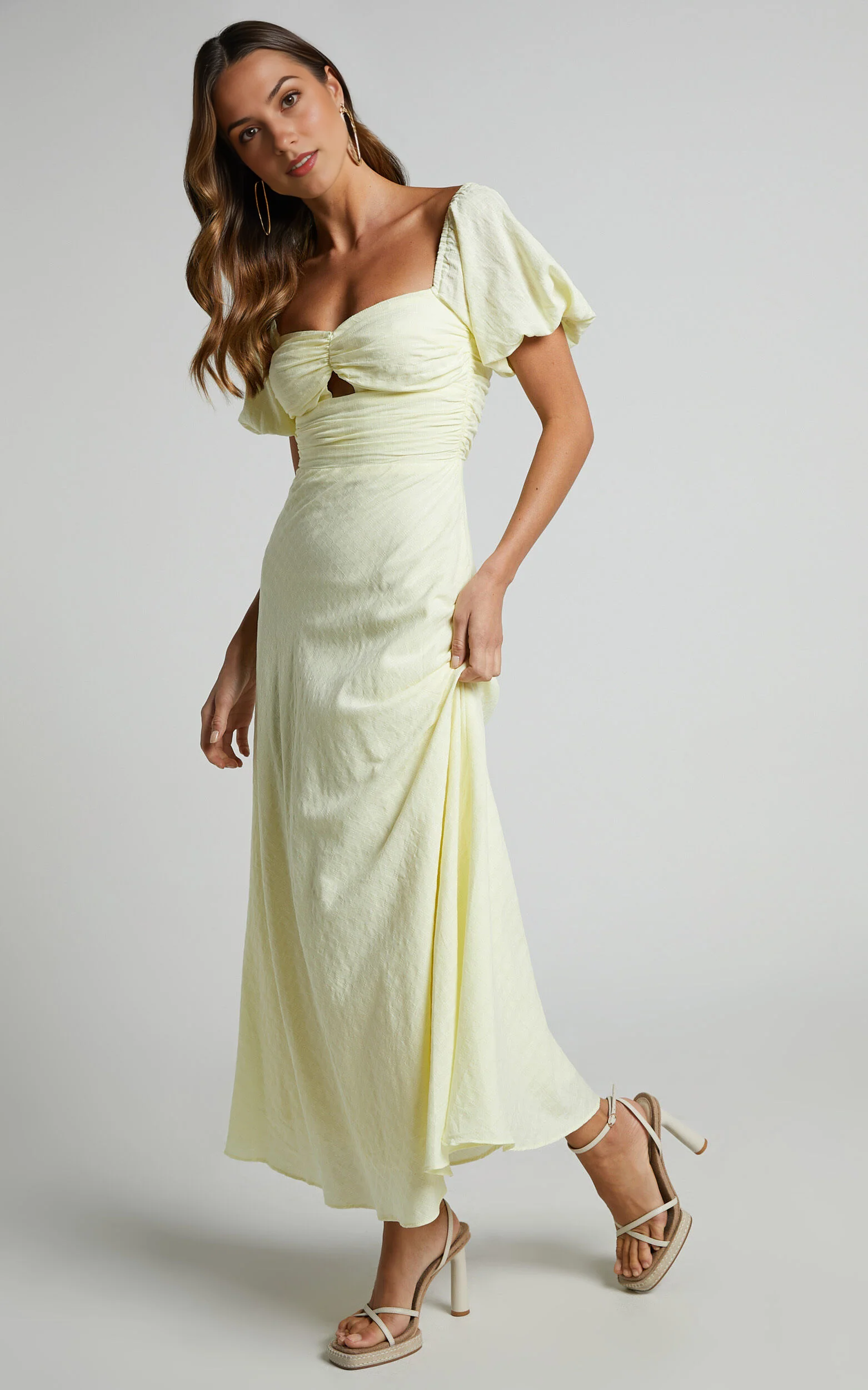 Vynna Midi Dress – Butter Yellow Puff Sleeve A-Line Dress with Ruched Bust & Scoop Neck