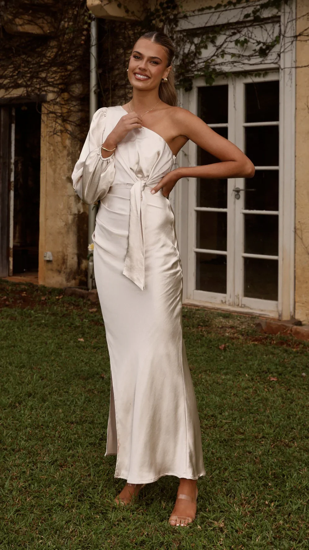 Eden One Shoulder Tie Front Maxi Dress - Champagne