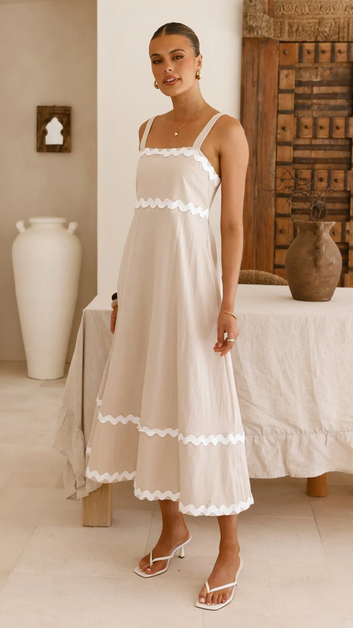 Raelynn Midi Dress - Beige/White