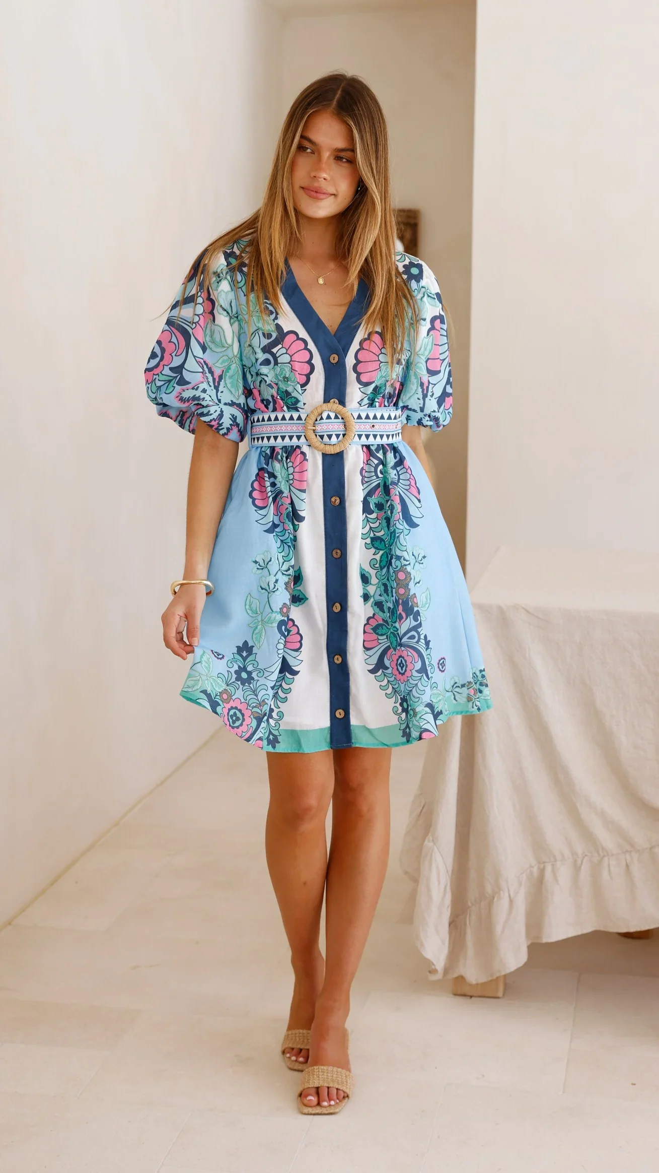 Dali Mini Dress - Island Bloom Blue