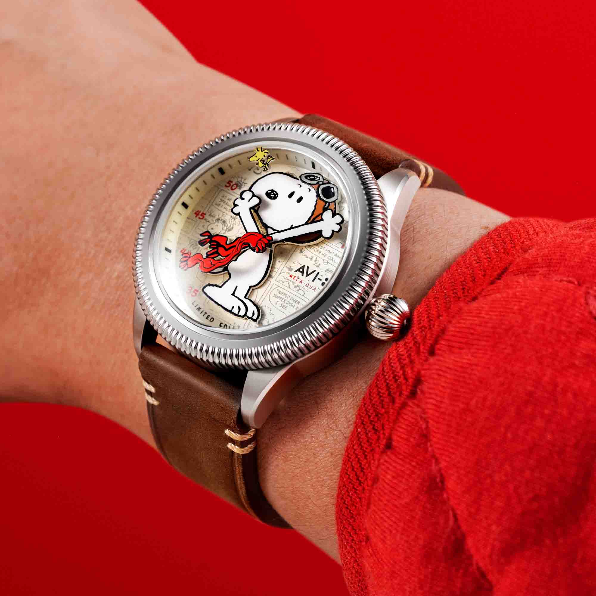 AVI-8 Flyboy Airmaster 40 Meca-Quartz Peanuts Snoopy Flying Ace Camel Brown Limited Edition