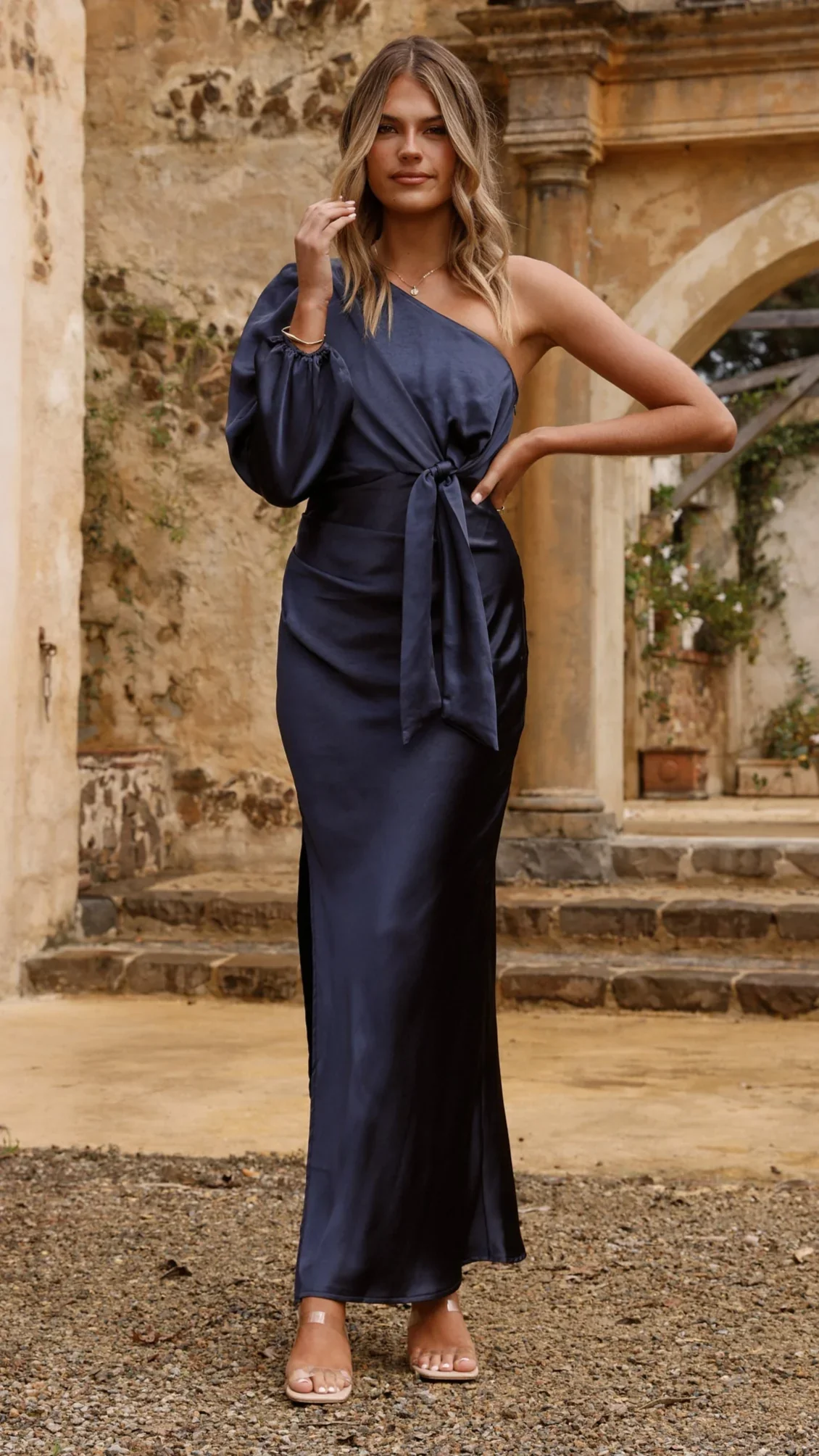 Eden One Shoulder Tie Front Maxi Dress - Navy