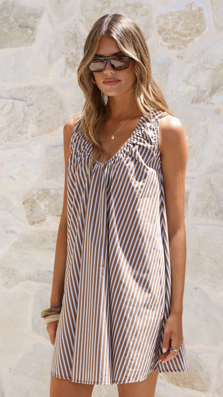 Alaya Mini Dress - Brown/Blue Stripe