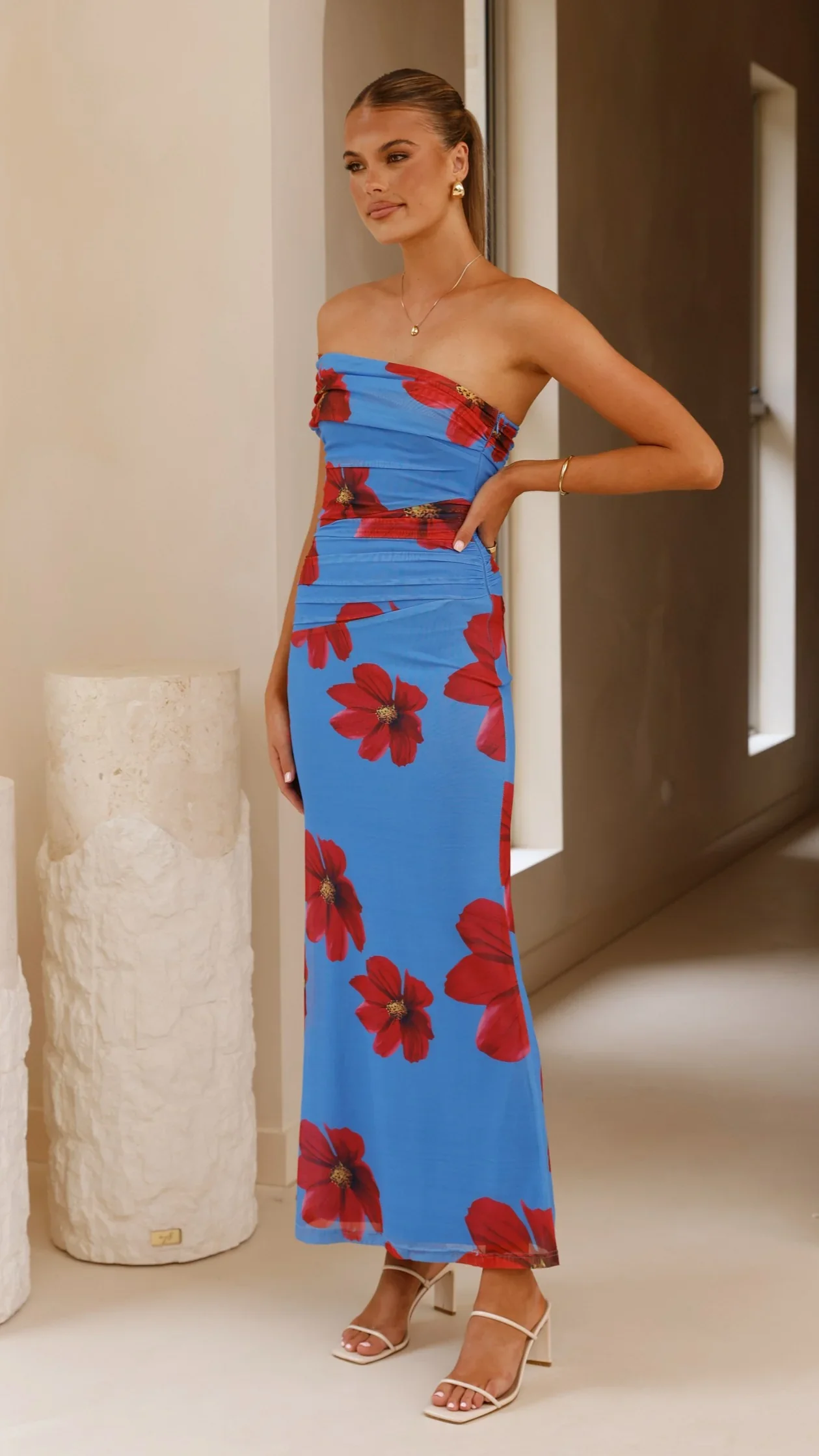 Eisa One Shoulder Maxi Dress - Blue / Red Floral