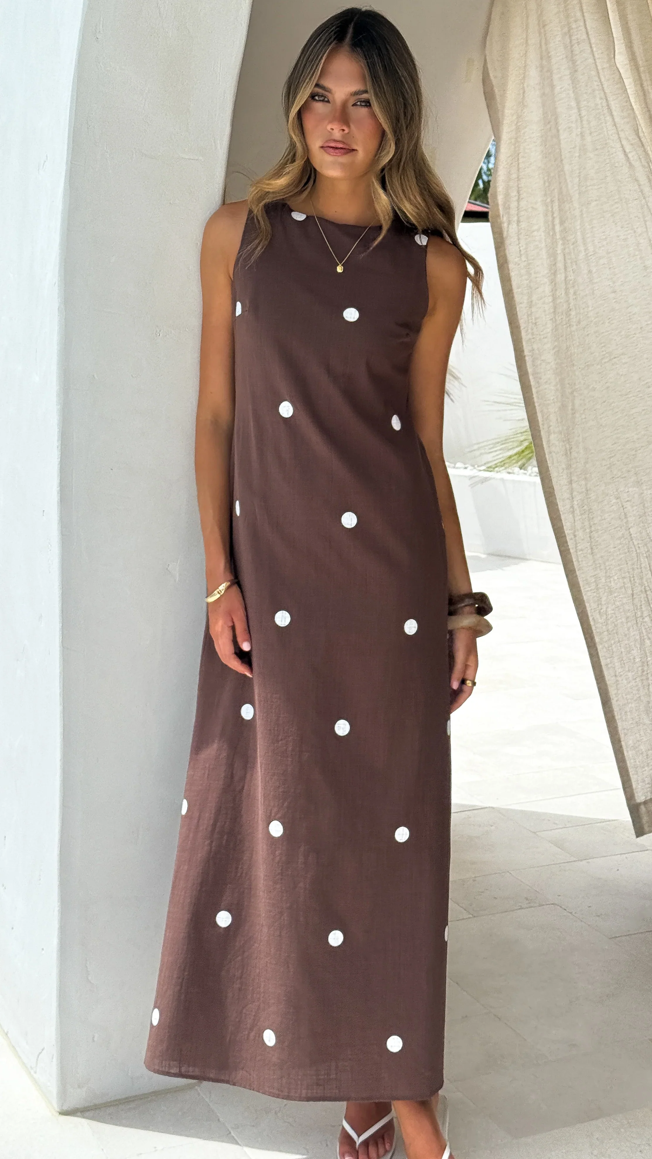 Vana Maxi Dress - Brown/White Polka