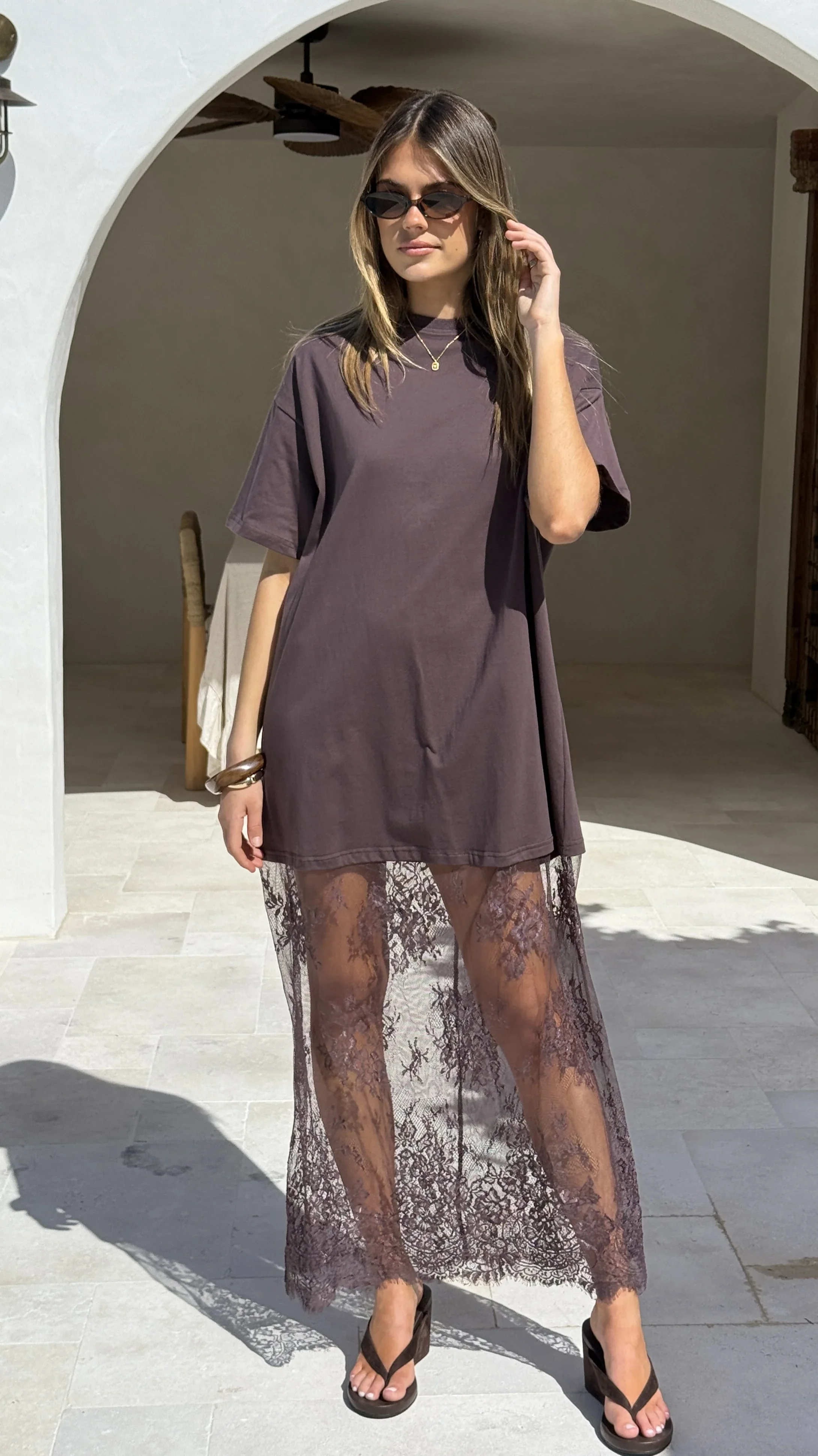 Raina T-Shirt Maxi Dress - Brown Lace