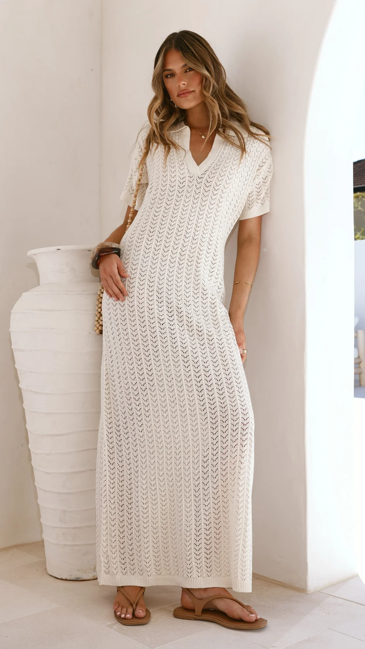 Tiffy Crochet Short Sleeve Maxi Dress - White