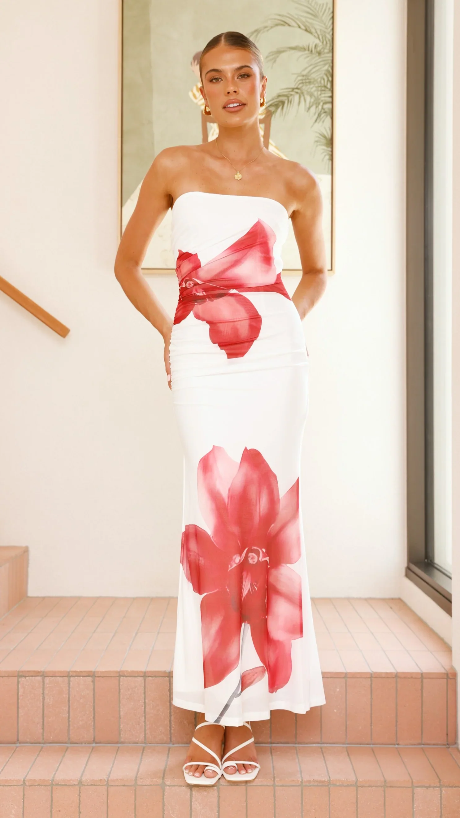 Brittani Strapless Maxi Dress - White/Red