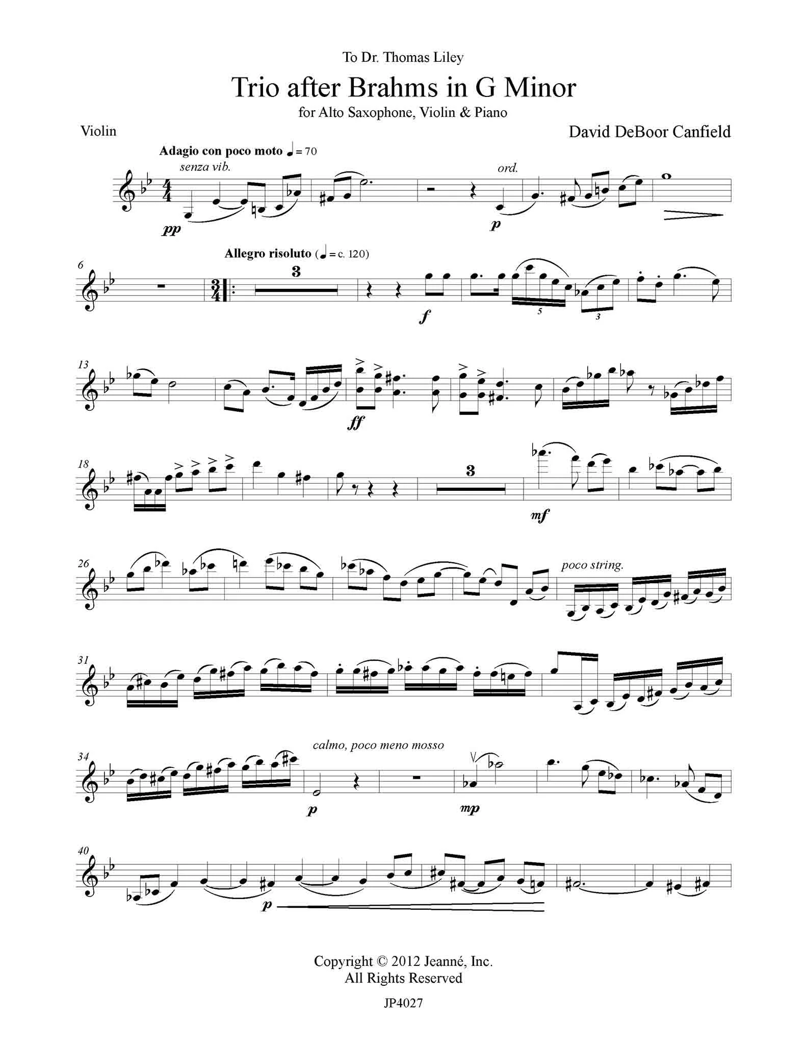 Canfield: Trio after Brahms for Alto Saxophone, Violin and Piano