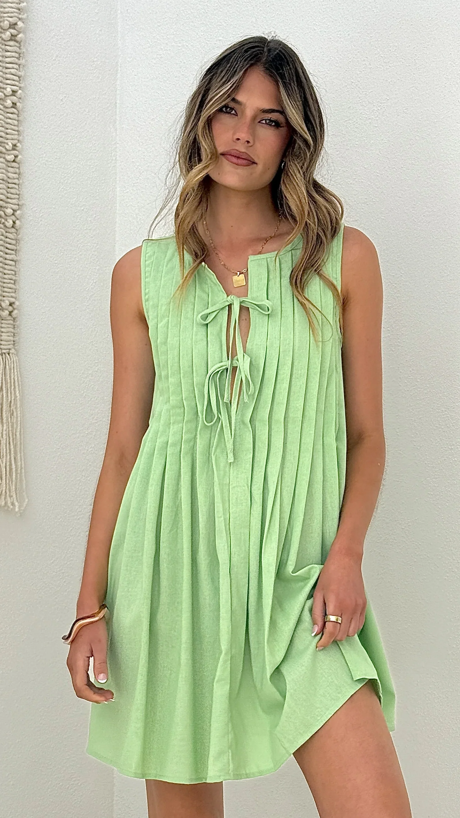 Launa Tie Front Mini Dress - Matcha Green