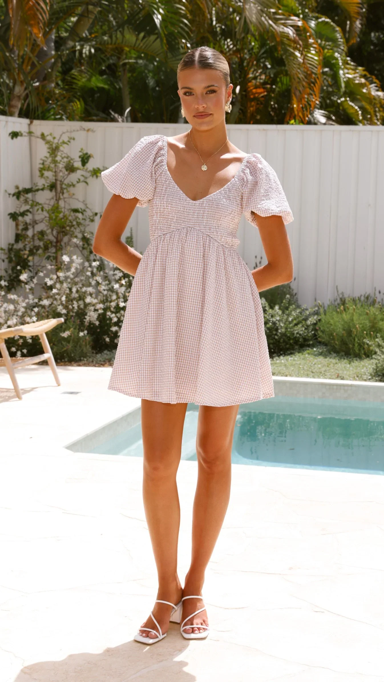 Sahirah Mini Dress - Beige / White Gingham