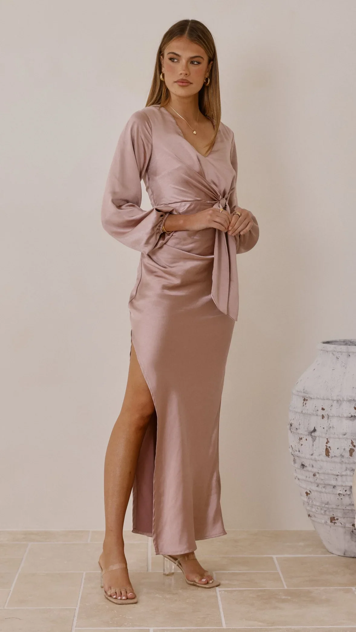 Ivy Long Sleeve Tie Front Maxi Dress - Dusty Pink