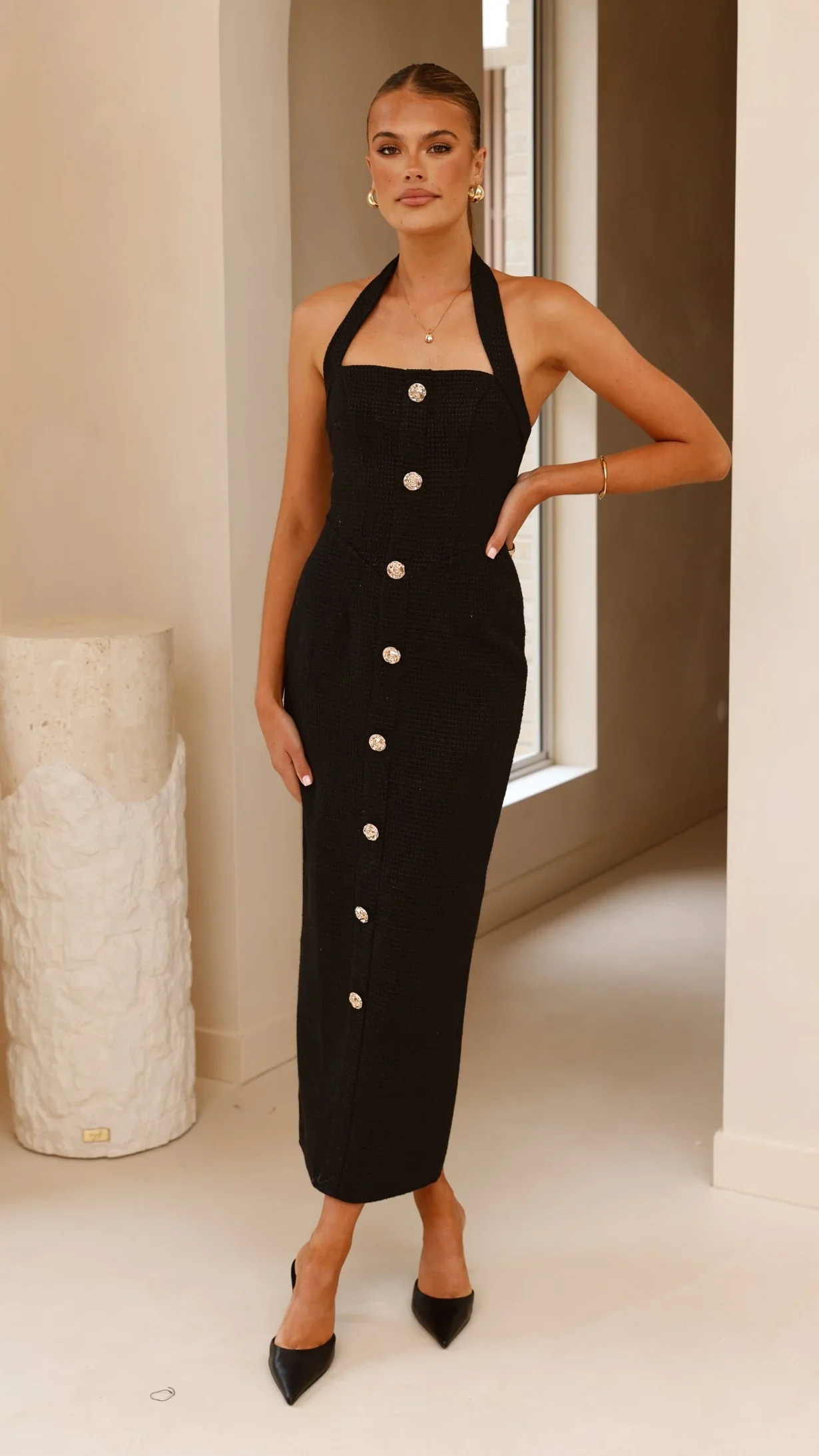 Tierra Button Midi Dress - Black