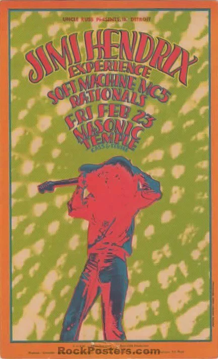 AUCTION - AOR 3.139 - Jimi Hendrix - MC5 - 1968 Postcard - Masonic Detroit - Excellent